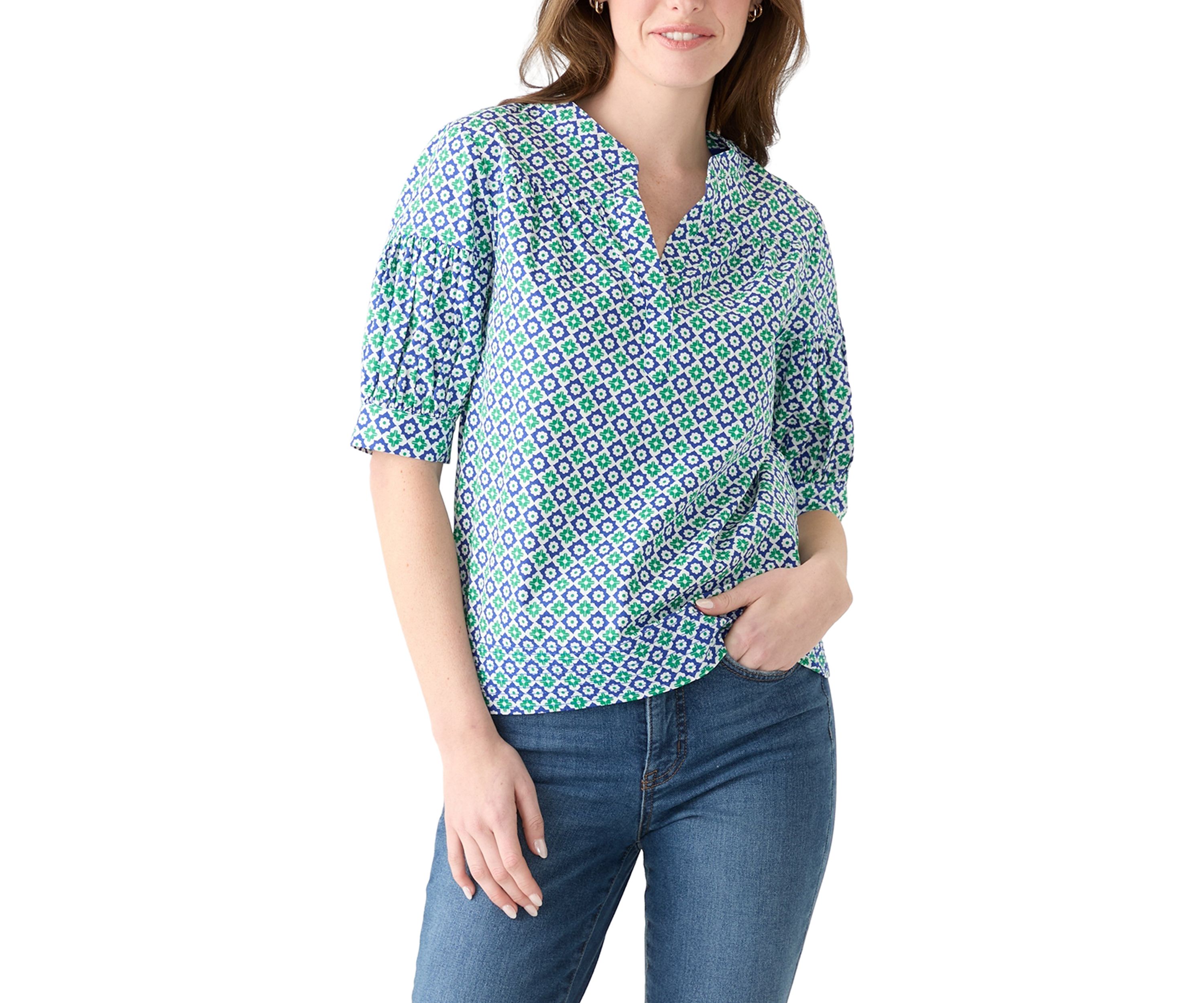 Womens Elbow Puff Sleeve Printed Top 