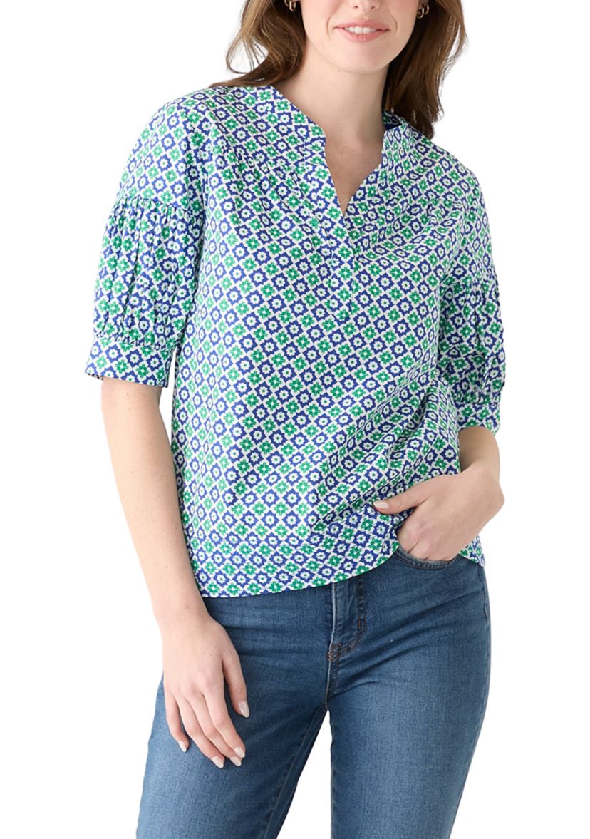 Womens Elbow Puff Sleeve Printed Top 