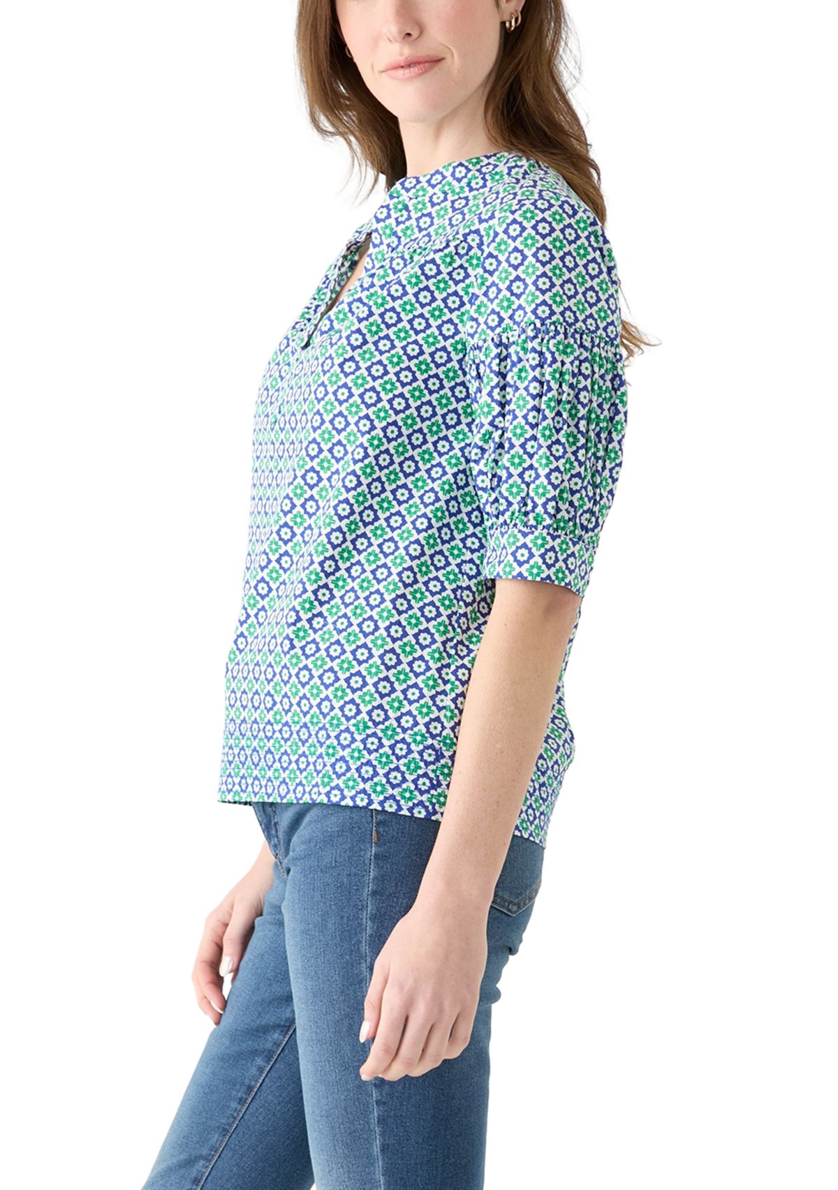 Womens Elbow Puff Sleeve Printed Top 