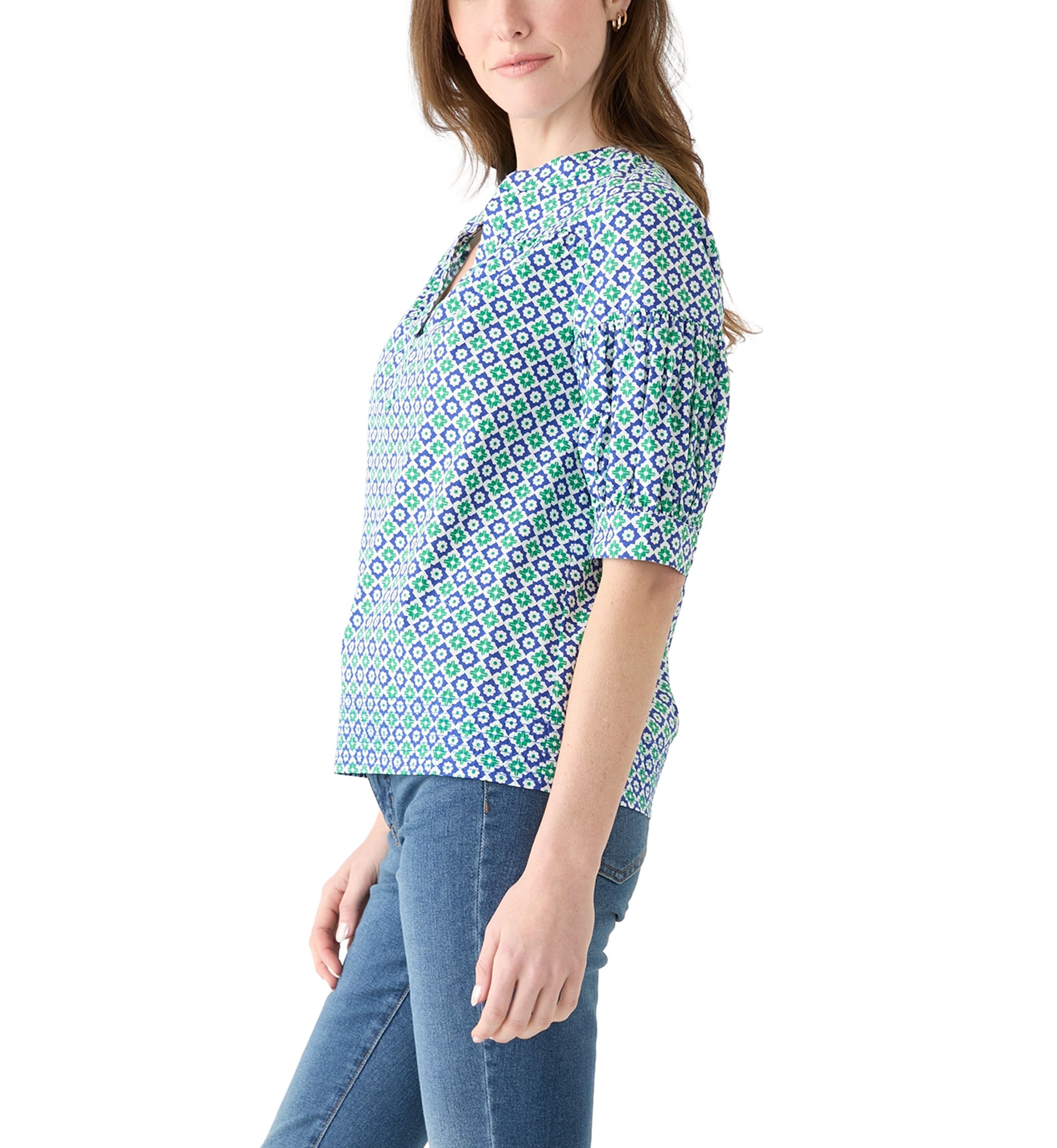 Womens Elbow Puff Sleeve Printed Top 
