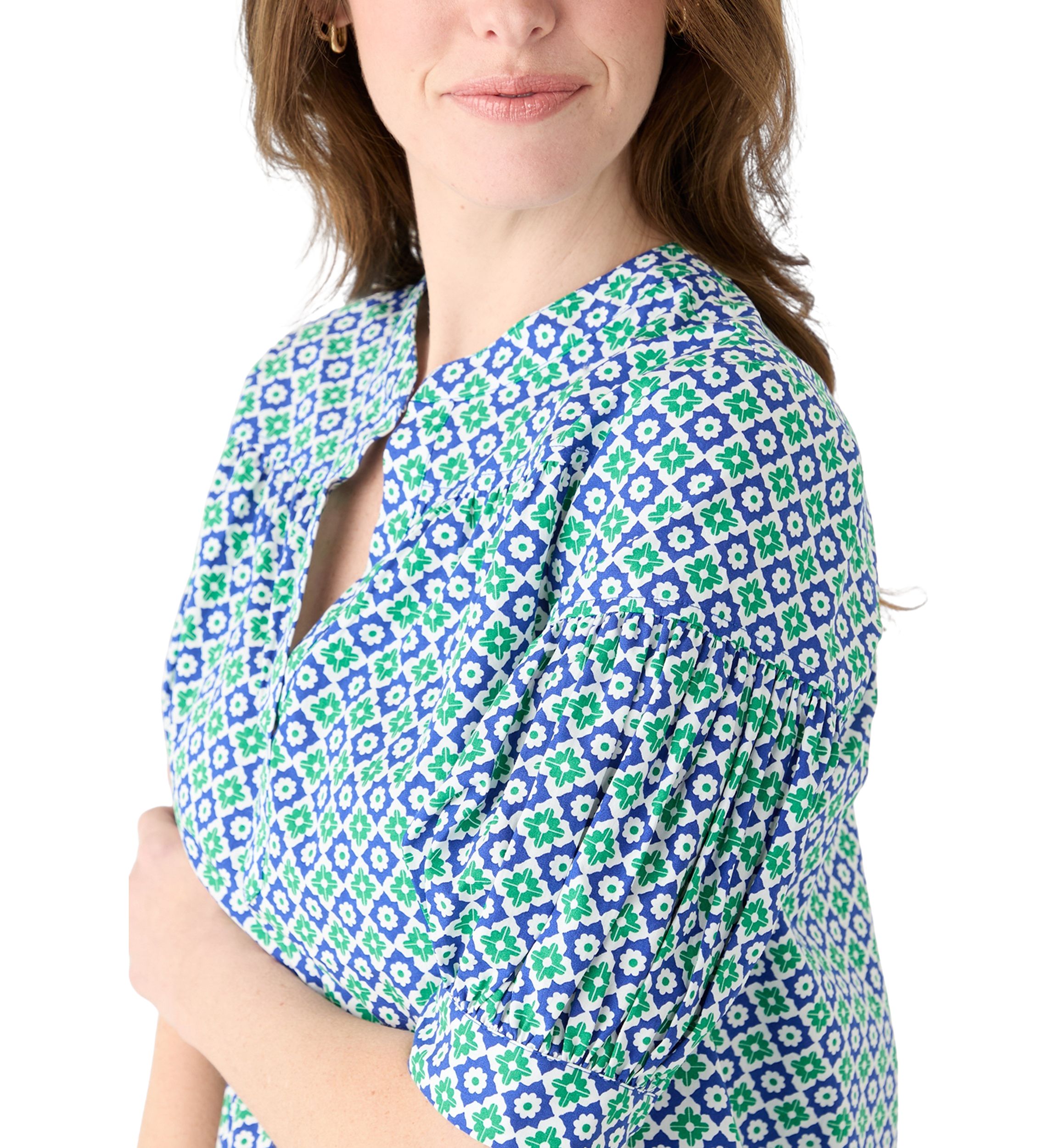 Womens Elbow Puff Sleeve Printed Top 