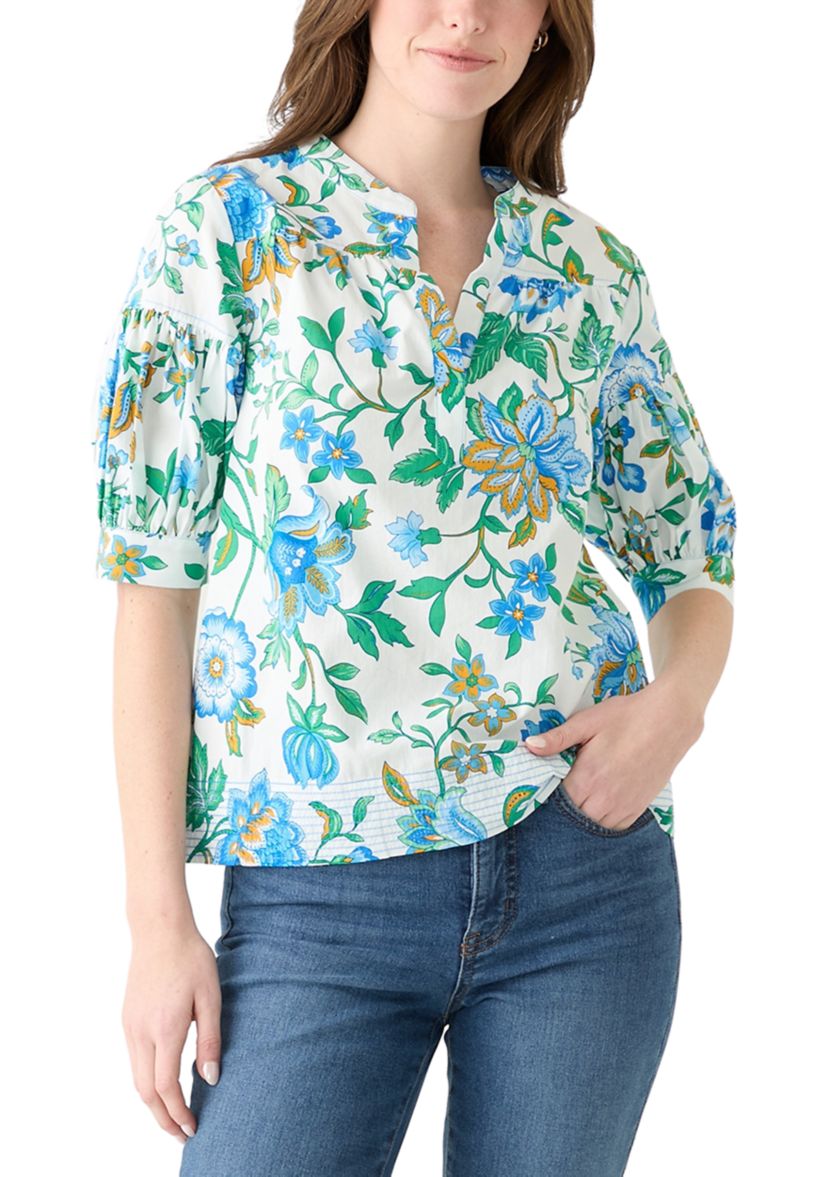 	  Womens Elbow Puff Sleeve Printed Top 