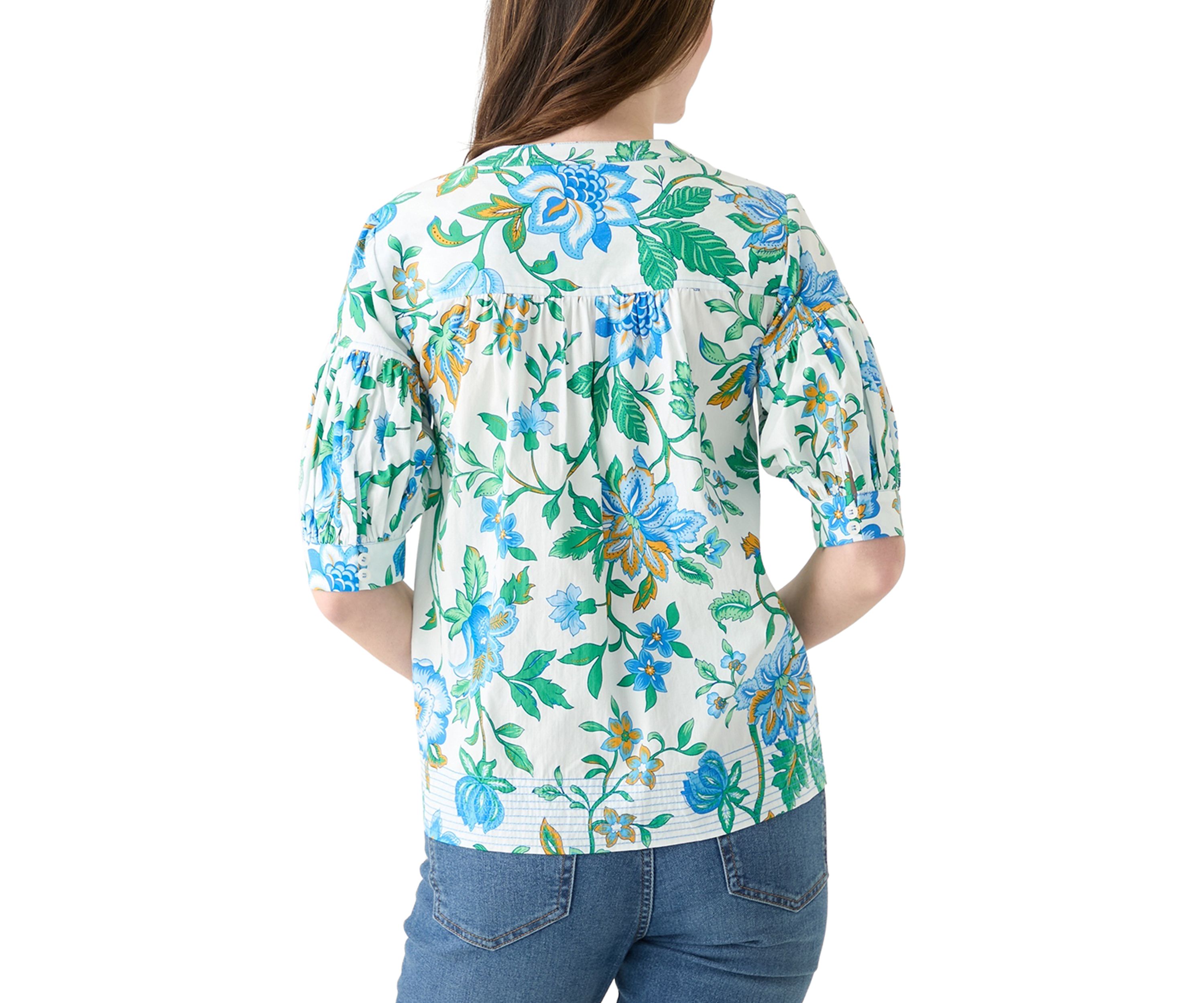 	  Womens Elbow Puff Sleeve Printed Top 