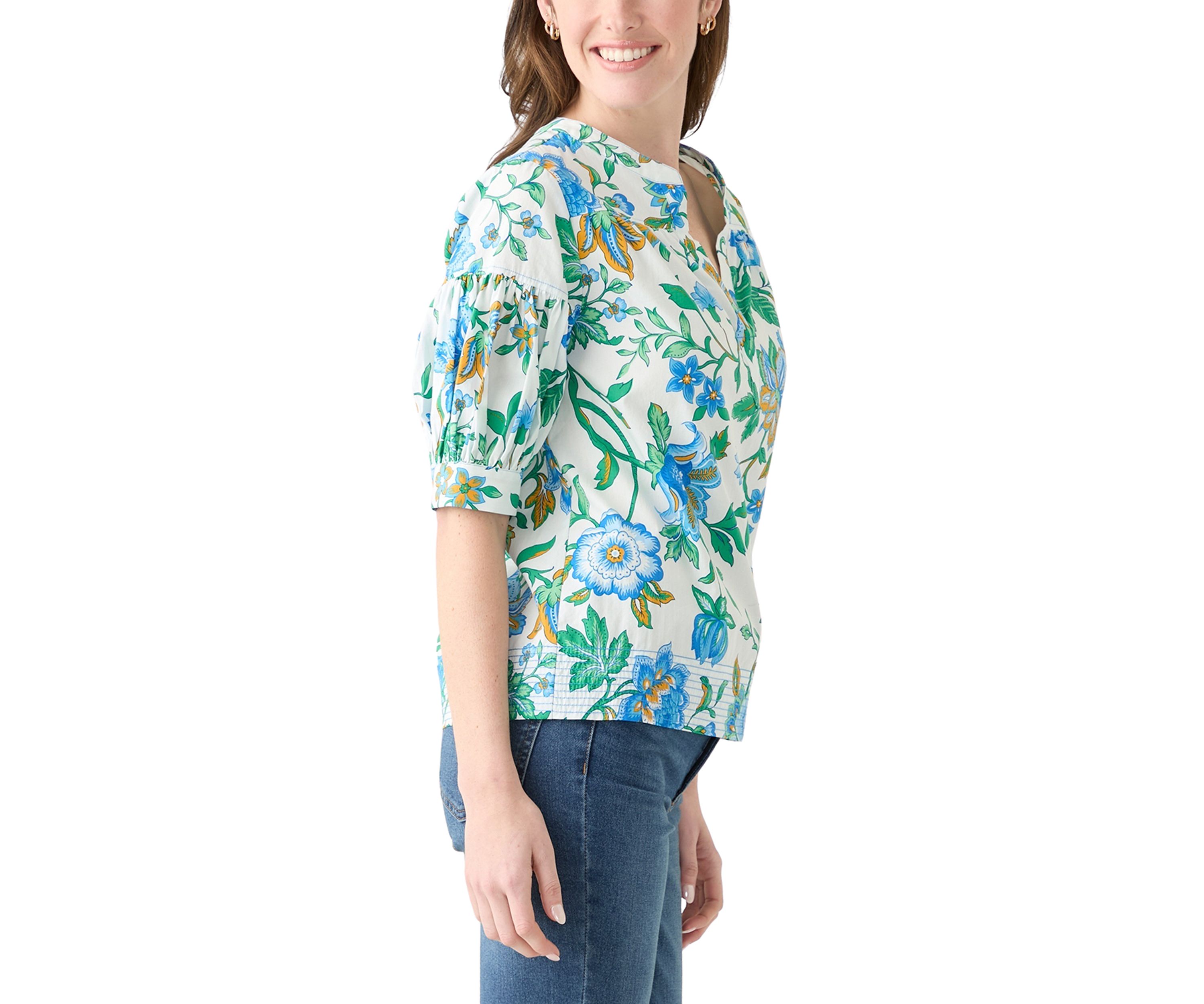 	  Womens Elbow Puff Sleeve Printed Top 