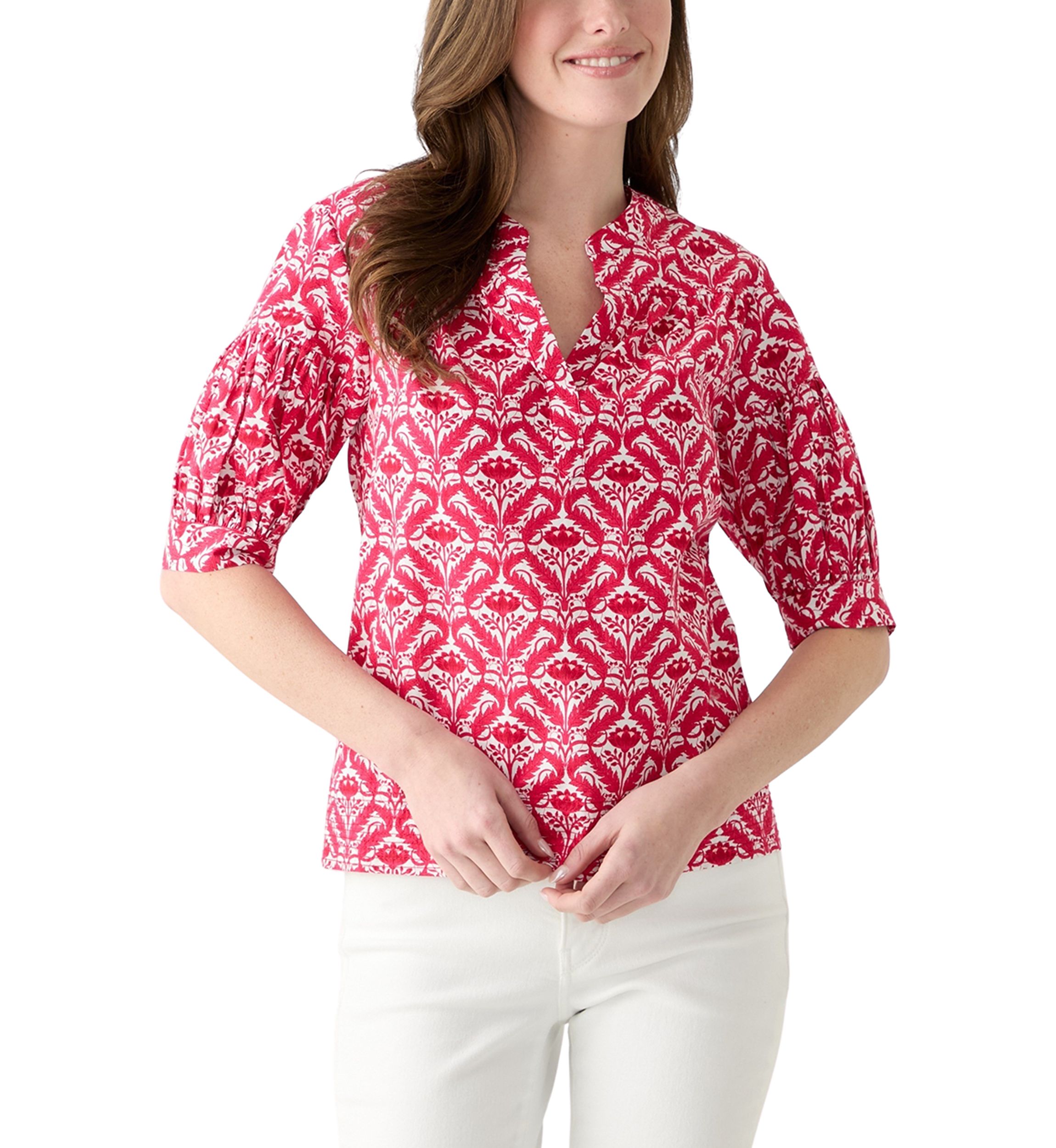 	  Womens Elbow Puff Sleeve Printed Top 