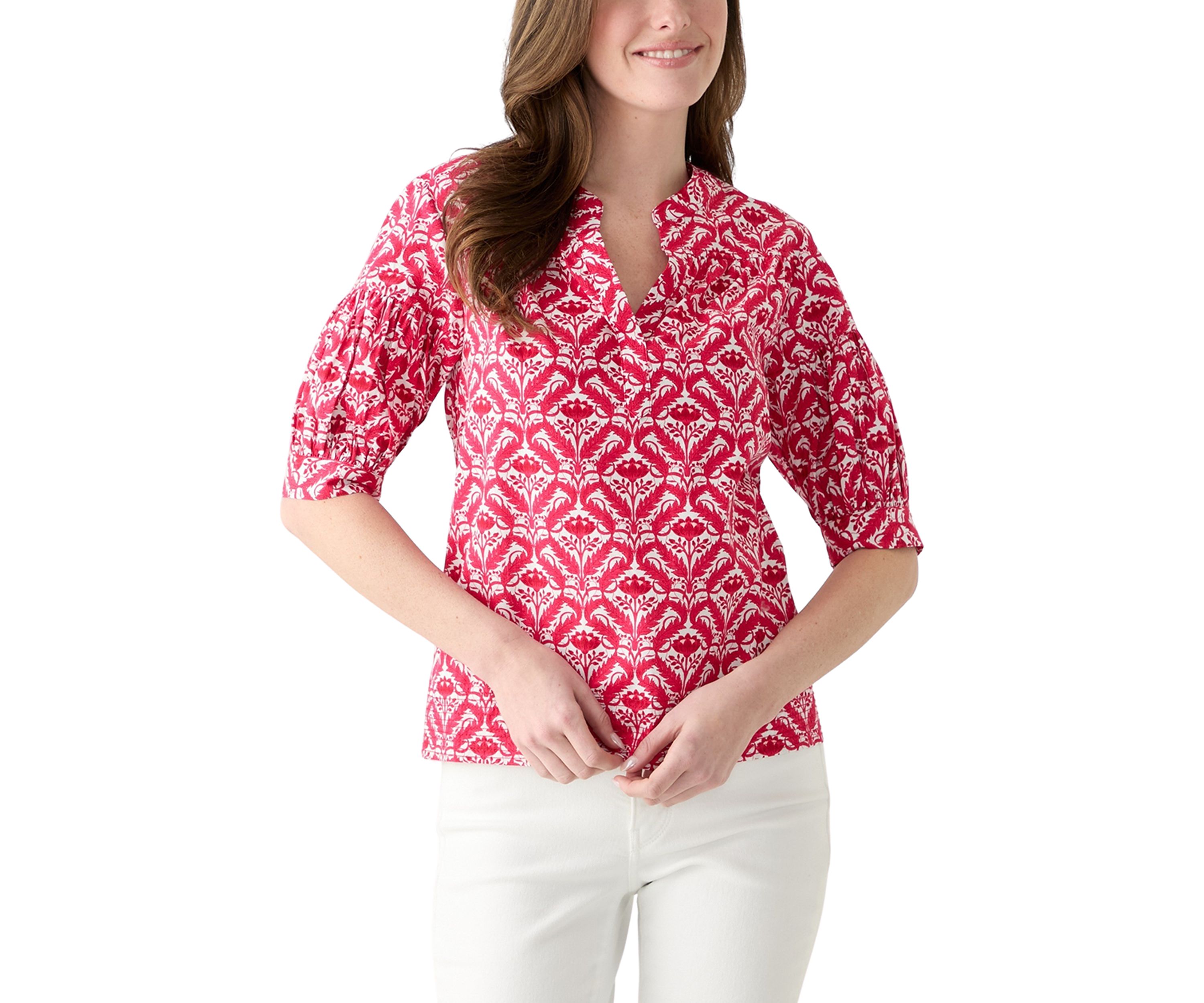 	  Womens Elbow Puff Sleeve Printed Top 