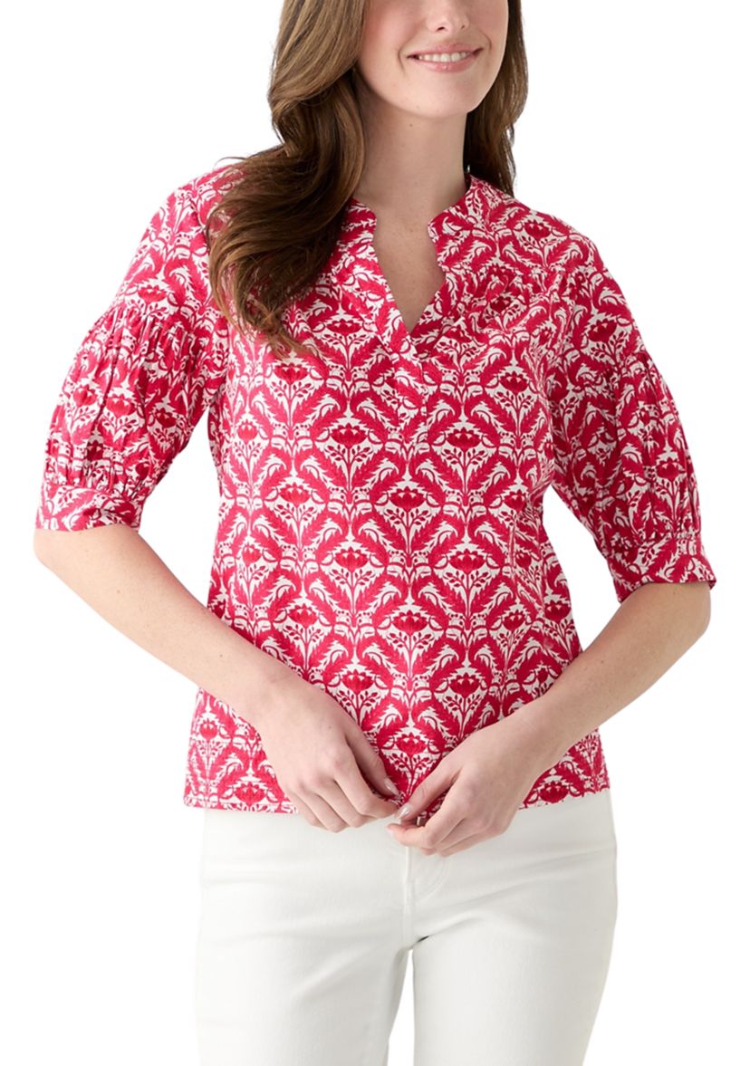 	  Womens Elbow Puff Sleeve Printed Top 