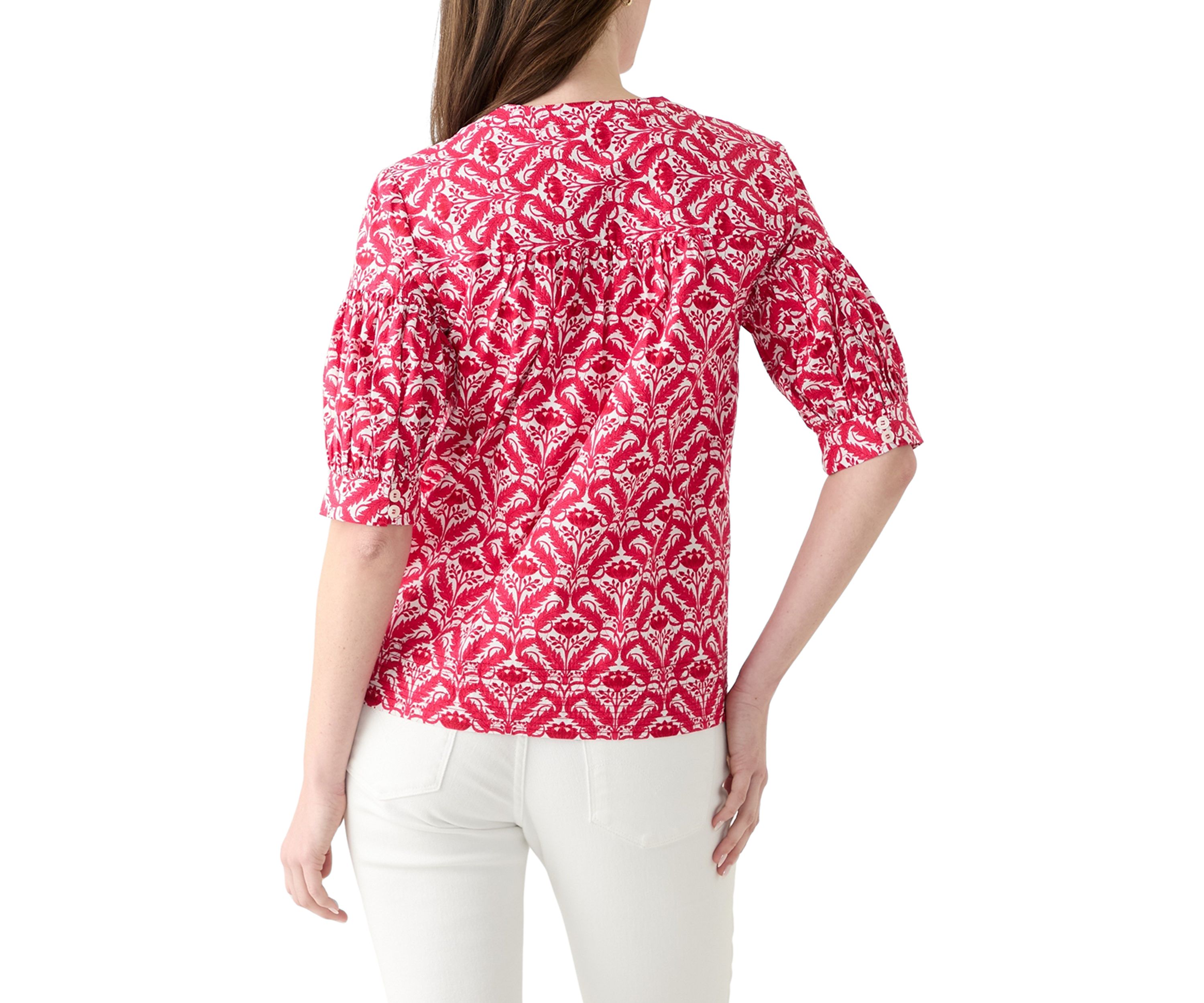 	  Womens Elbow Puff Sleeve Printed Top 