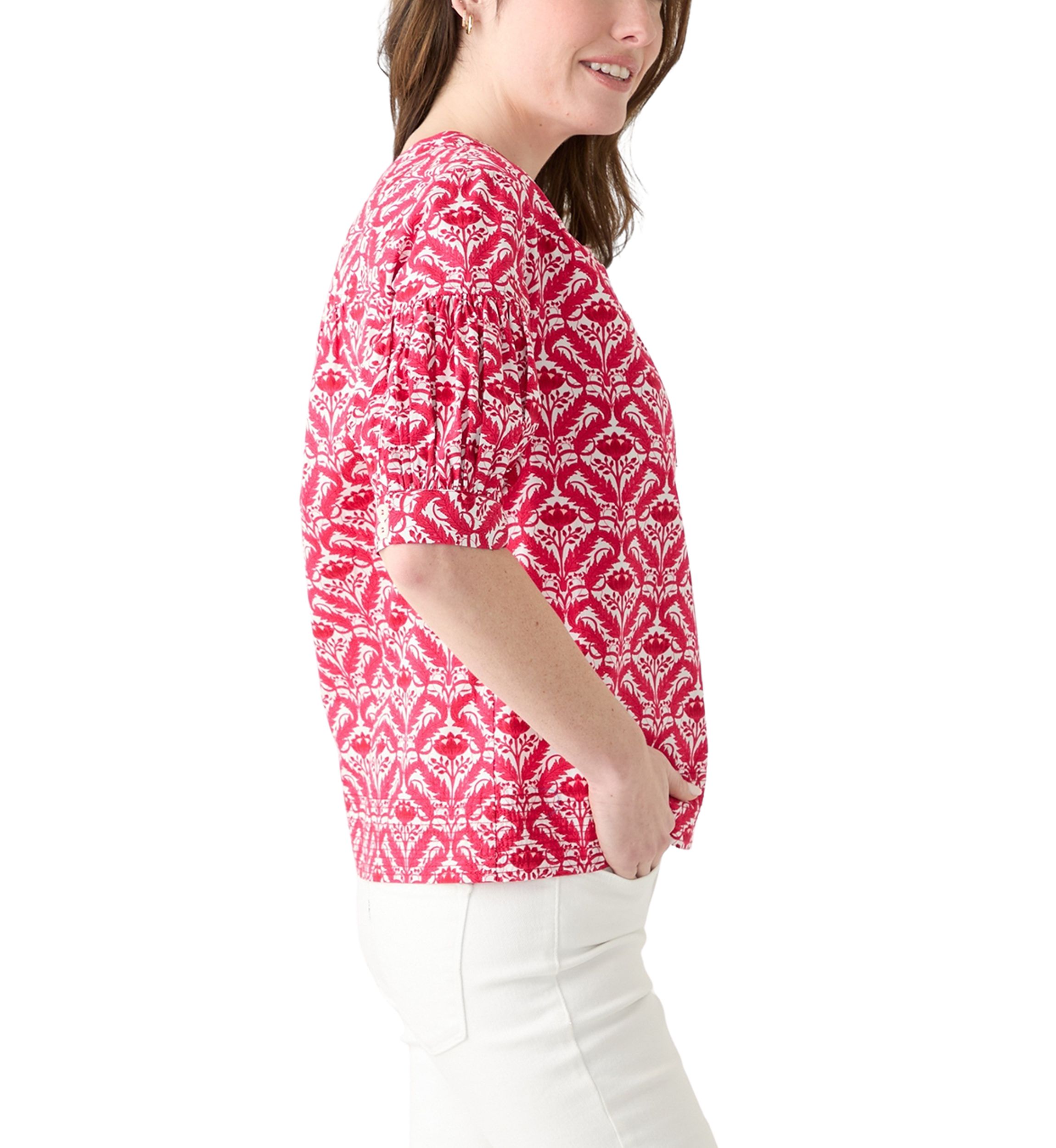 	  Womens Elbow Puff Sleeve Printed Top 