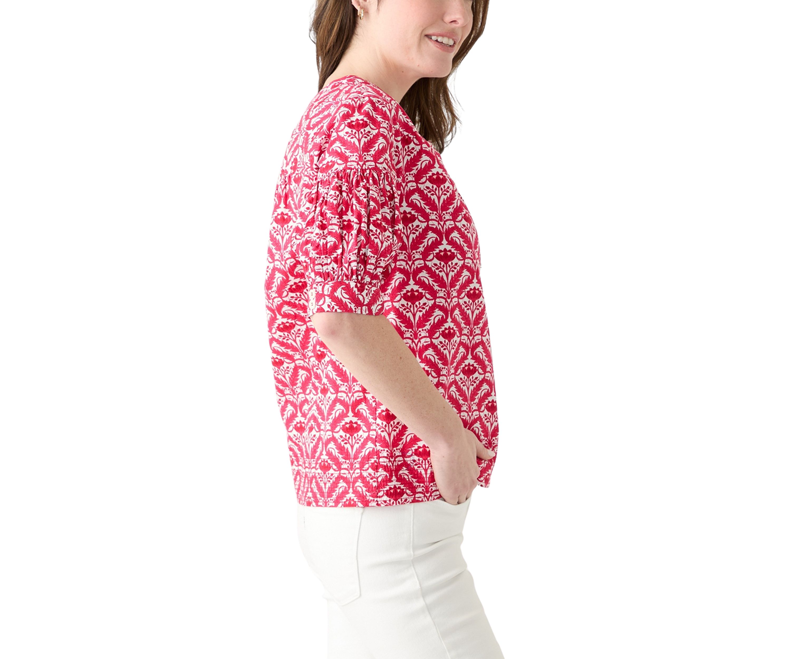 	  Womens Elbow Puff Sleeve Printed Top 
