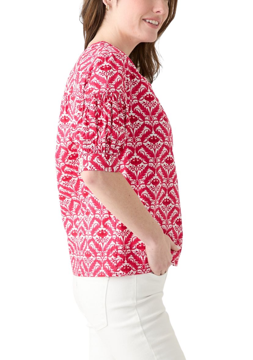 	  Womens Elbow Puff Sleeve Printed Top 