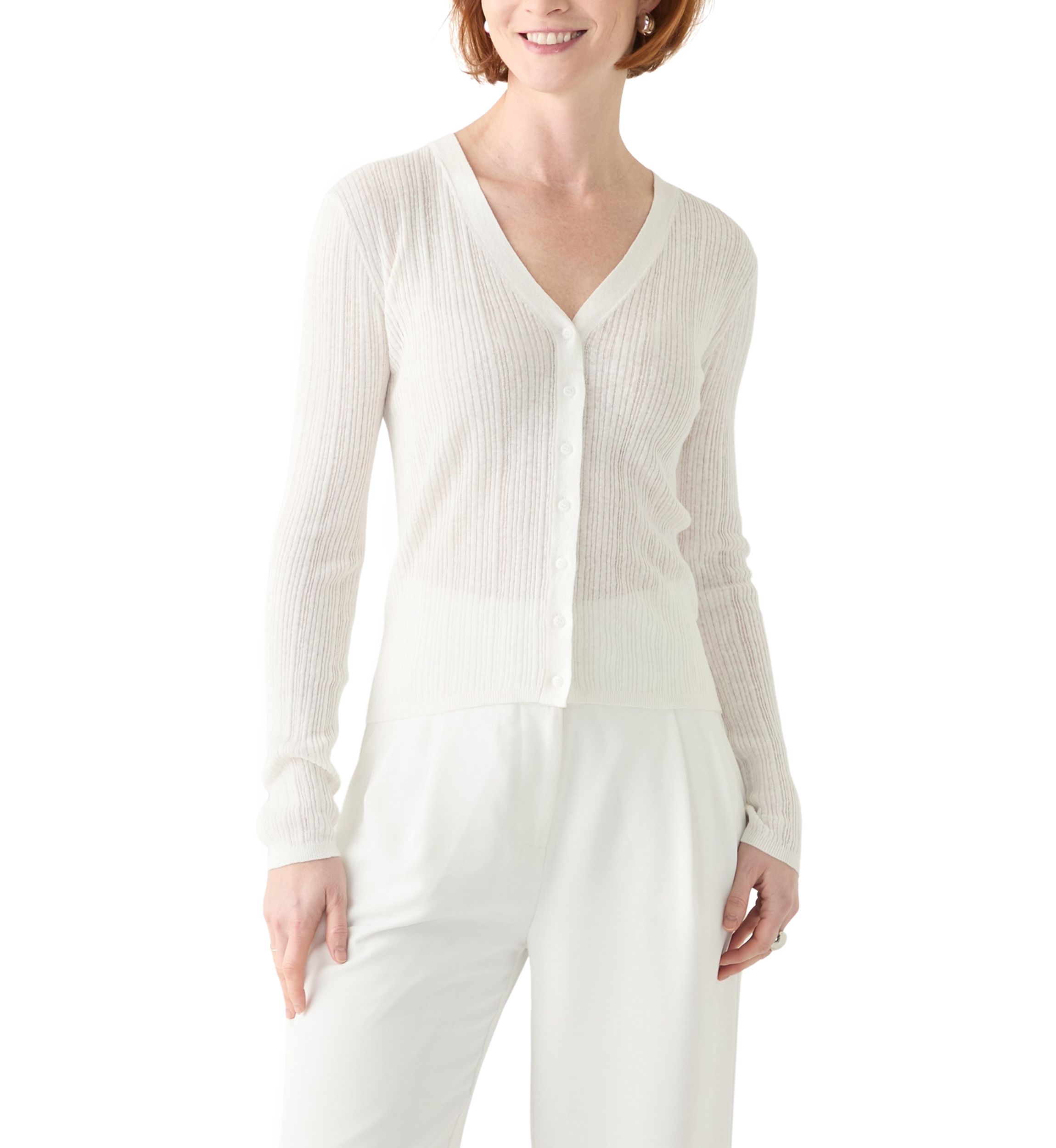 Womens Long Sleeve V-Neck Button Down Rib Linen Blend Cardigan
