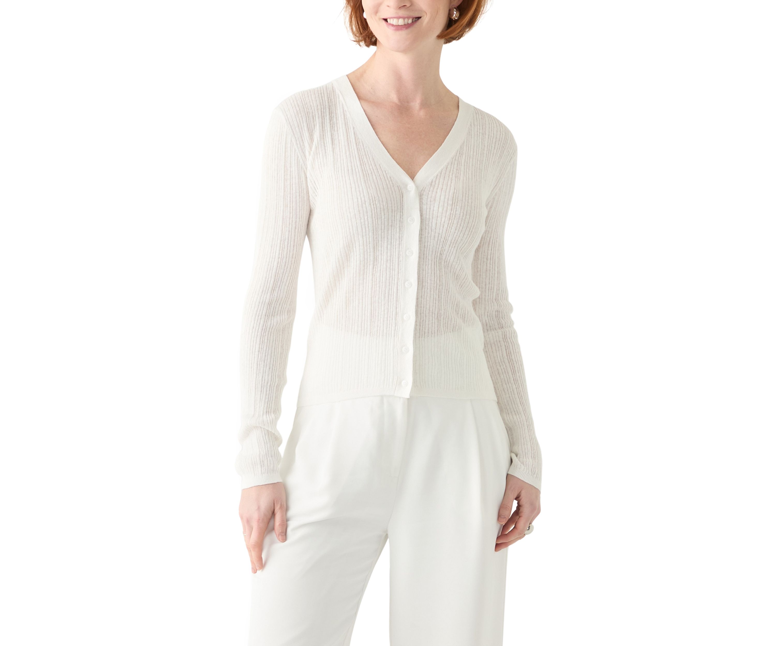 Womens Long Sleeve V-Neck Button Down Rib Linen Blend Cardigan