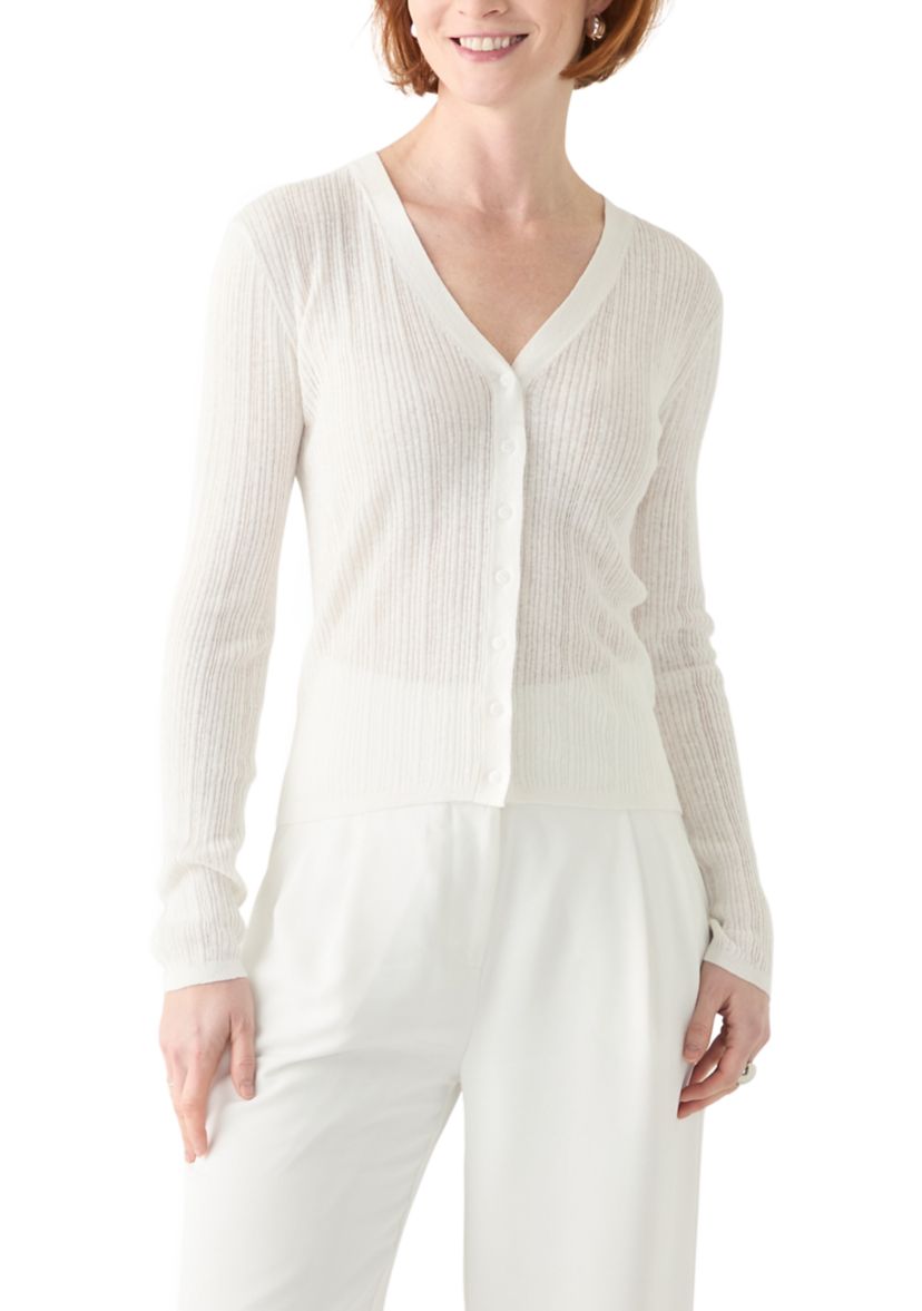Womens Long Sleeve V-Neck Button Down Rib Linen Blend Cardigan