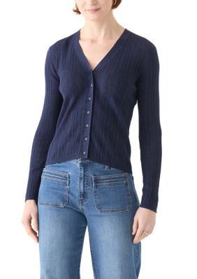 PHILOSOPHY BY REPUBLIC Women's Long Sleeve V-Neck Button Down Rib Linen Blend Cardigan, Navy Blue, Large