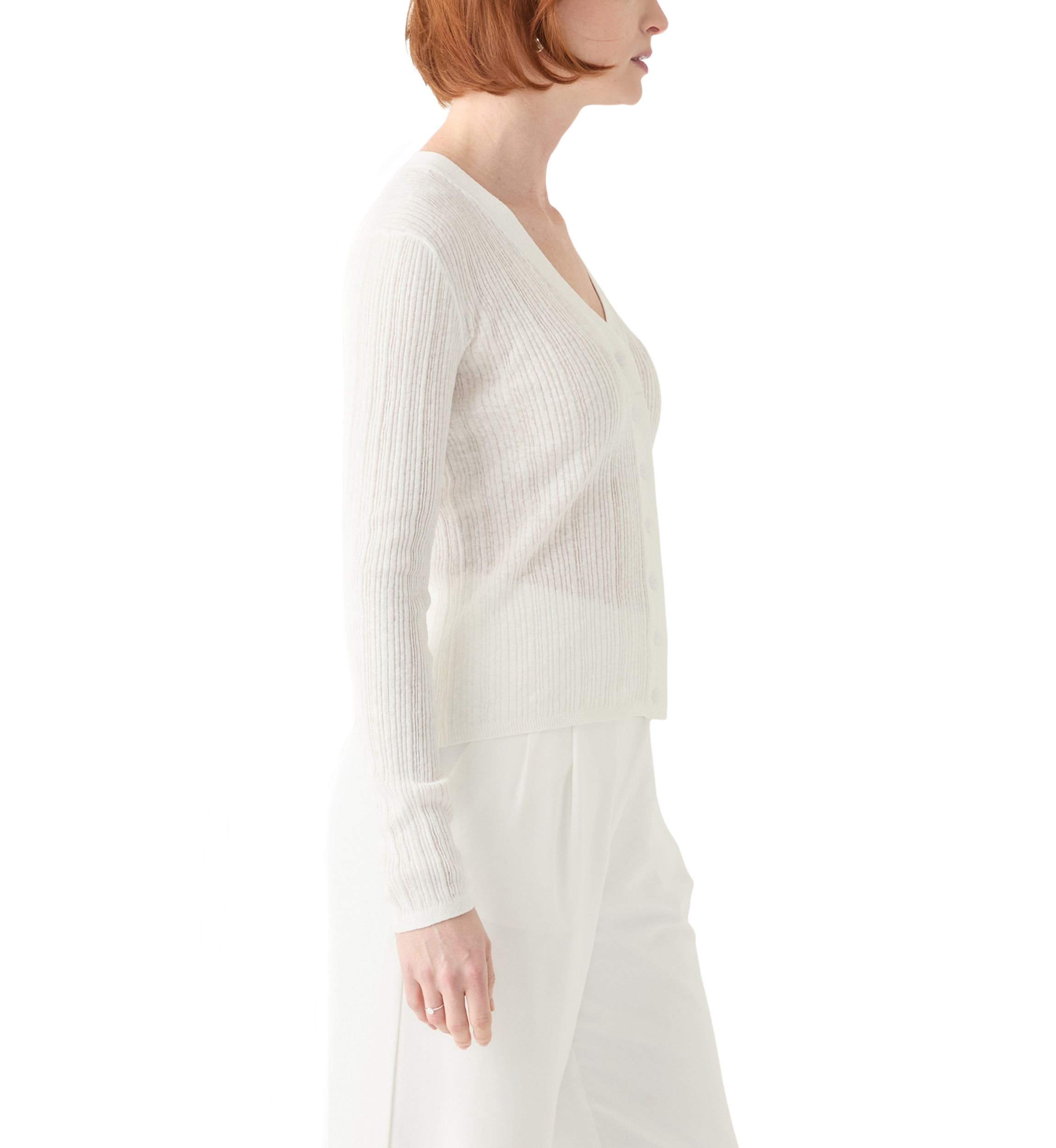 Womens Long Sleeve V-Neck Button Down Rib Linen Blend Cardigan