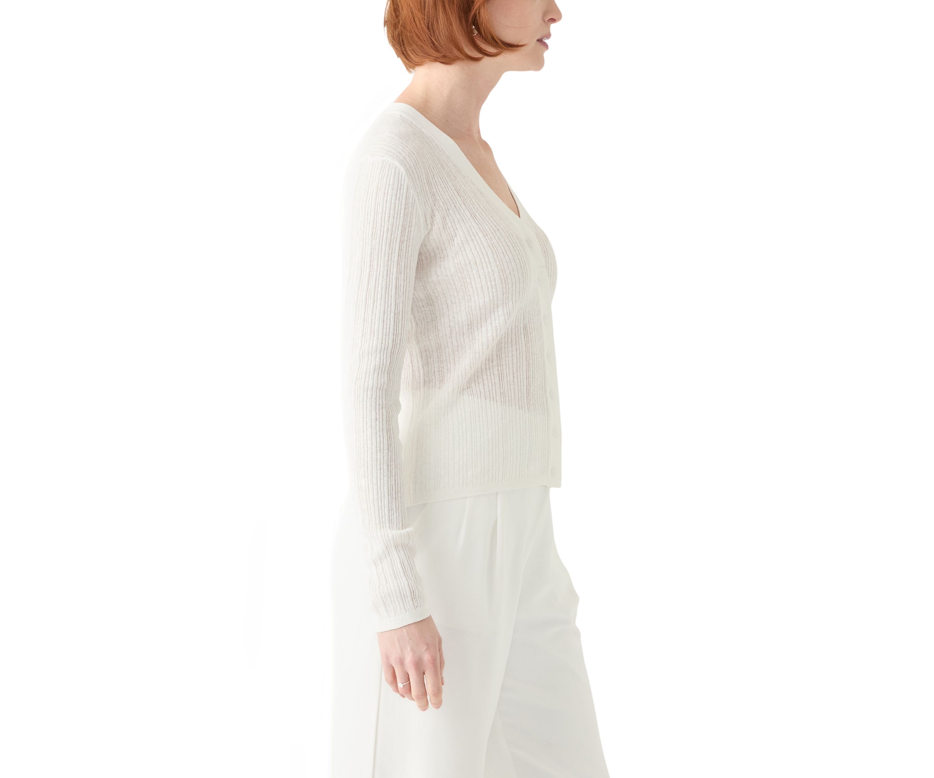 Womens Long Sleeve V-Neck Button Down Rib Linen Blend Cardigan