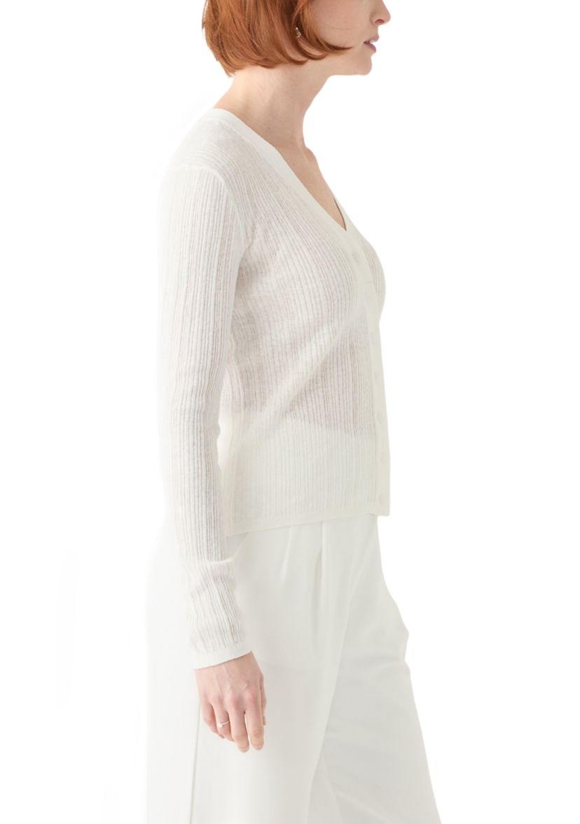 Womens Long Sleeve V-Neck Button Down Rib Linen Blend Cardigan
