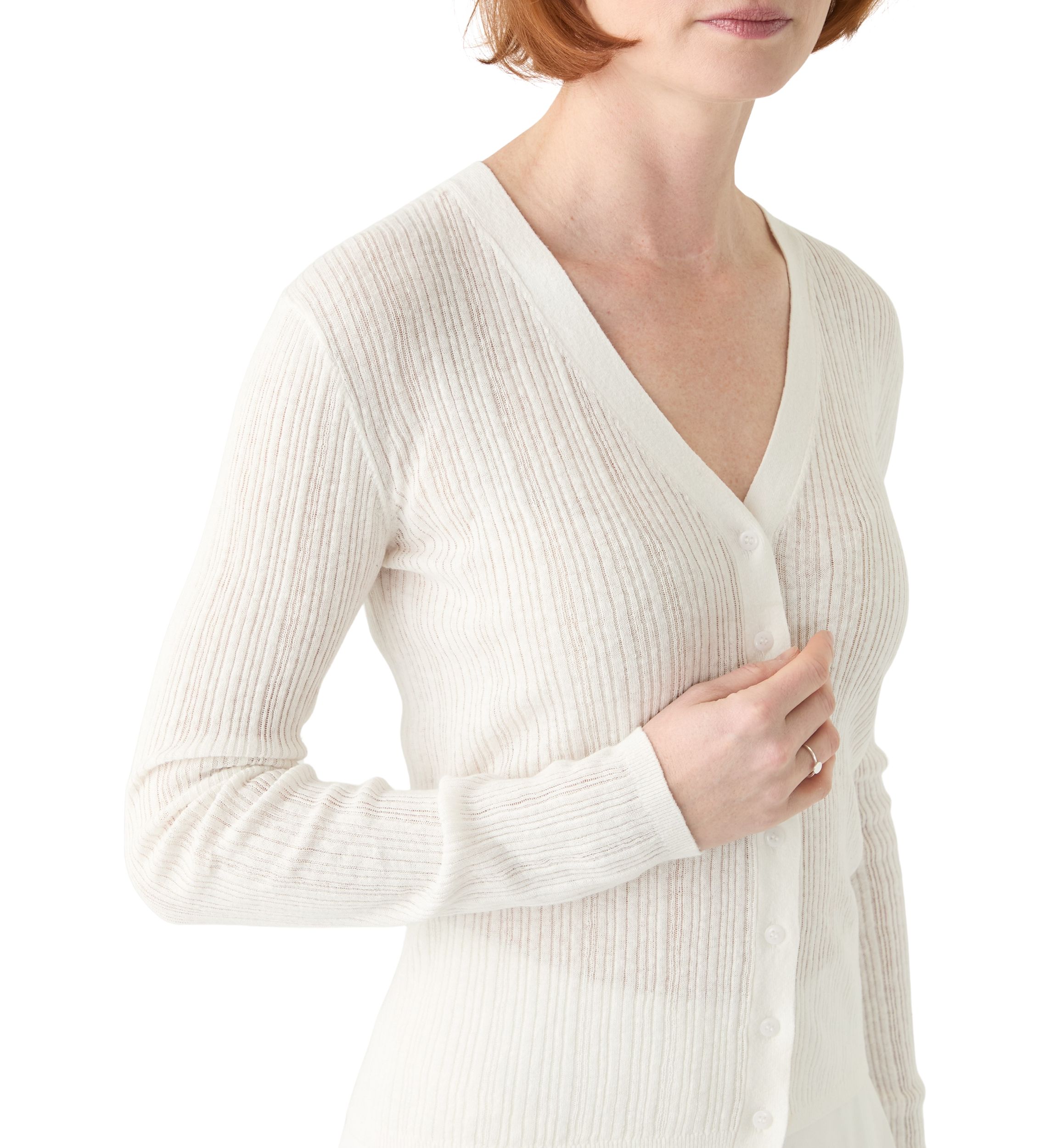 Womens Long Sleeve V-Neck Button Down Rib Linen Blend Cardigan