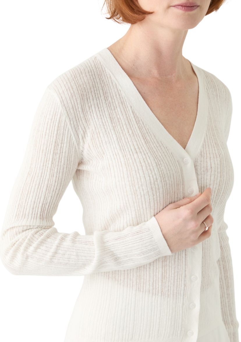 Womens Long Sleeve V-Neck Button Down Rib Linen Blend Cardigan