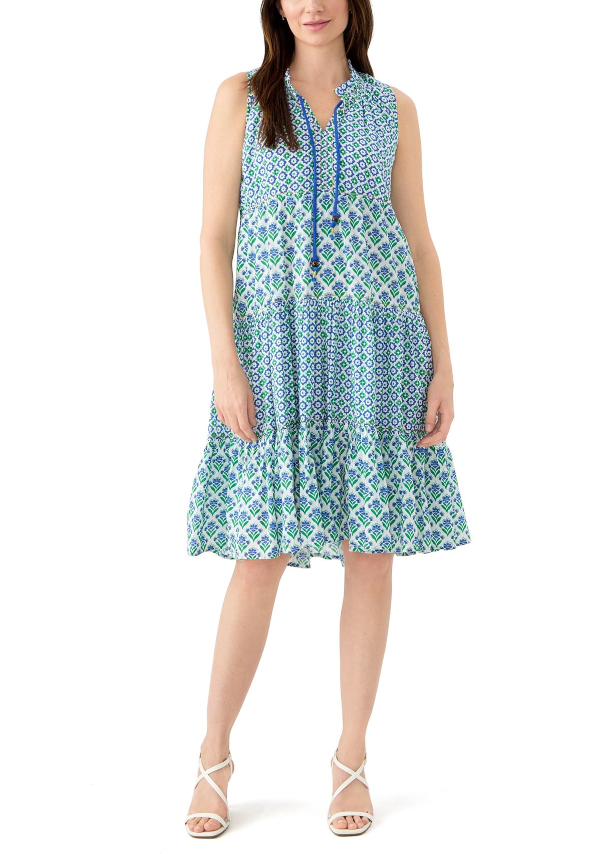 Womens Sleeveless Tiered Mix Print Dress