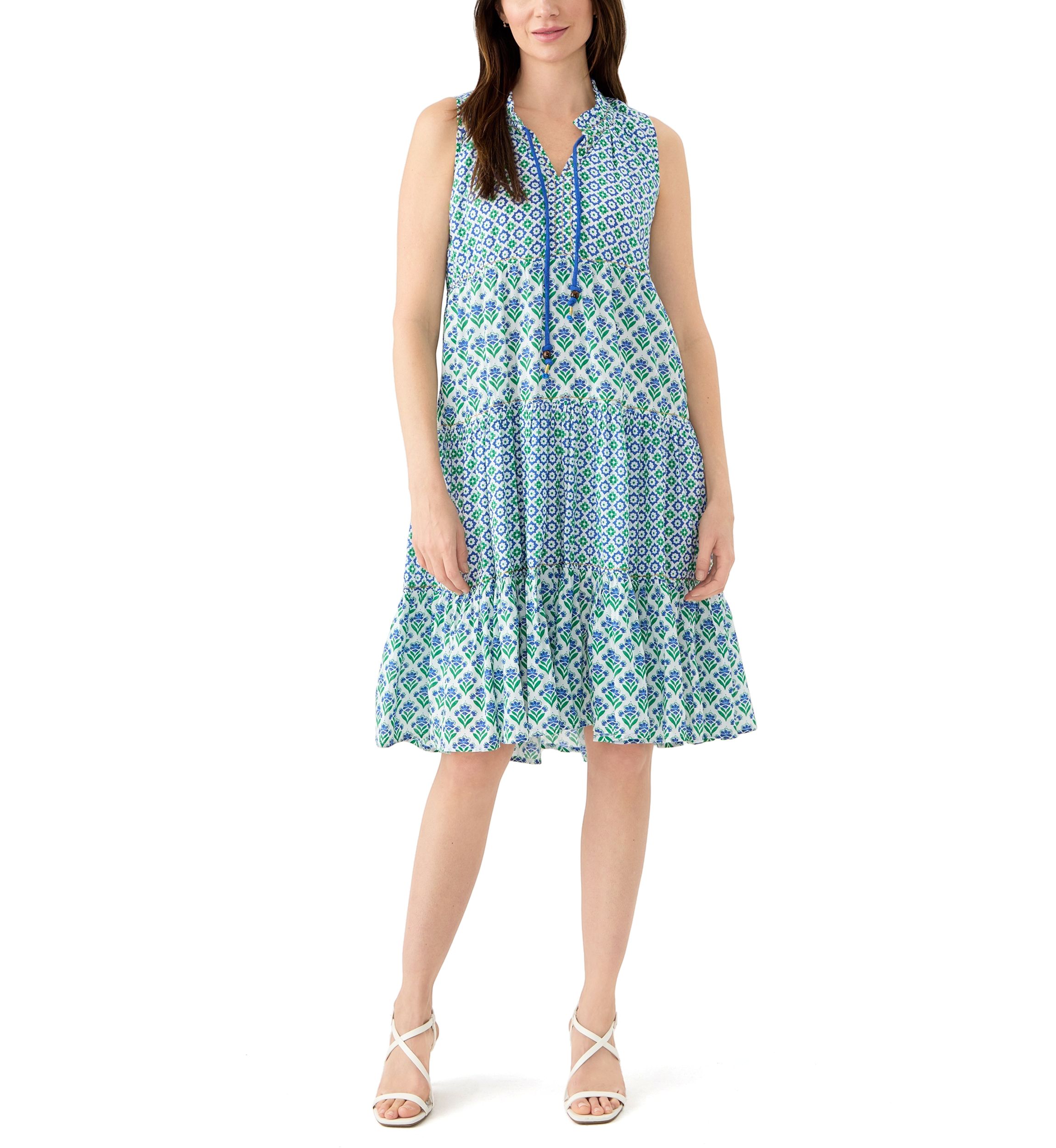 Womens Sleeveless Tiered Mix Print Dress