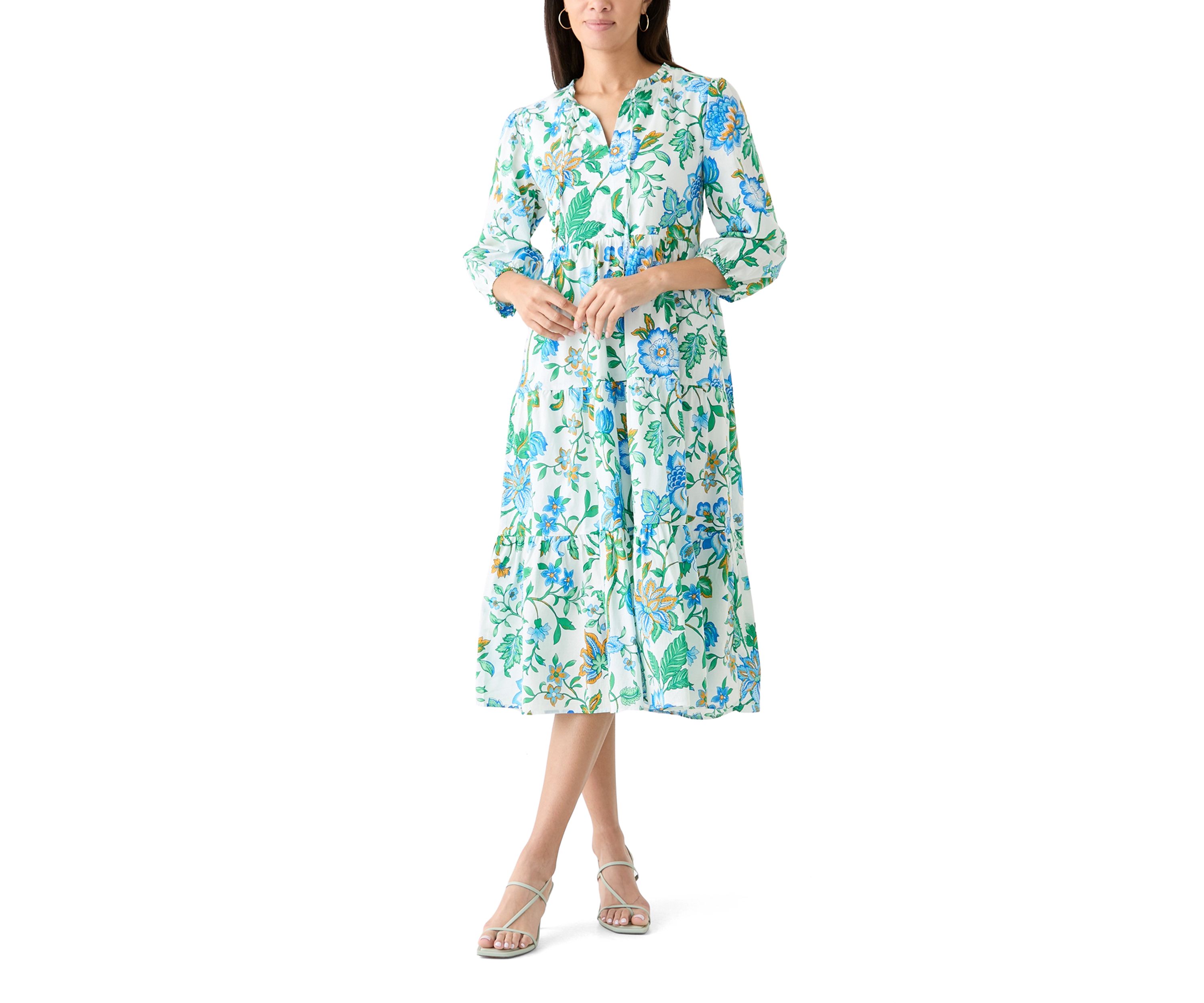 Womens 3/4 Sleeve Tiered Printed Midi Dress