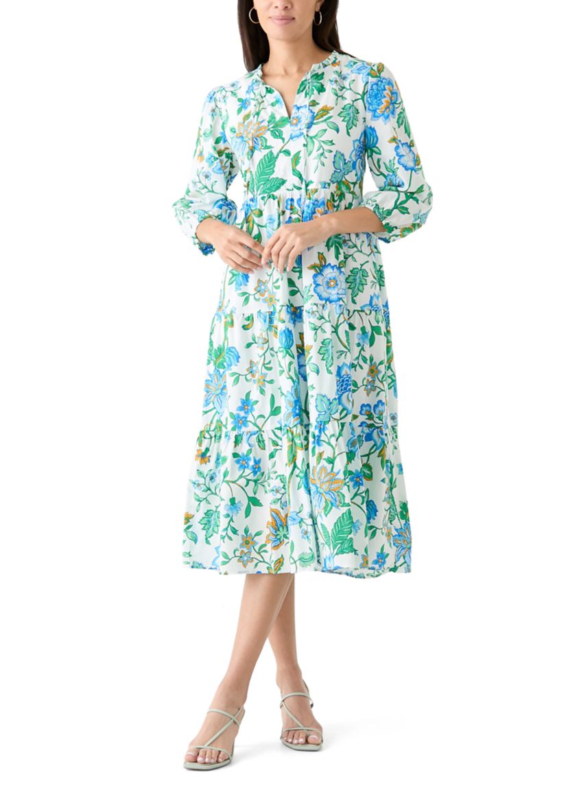 Womens 3/4 Sleeve Tiered Printed Midi Dress