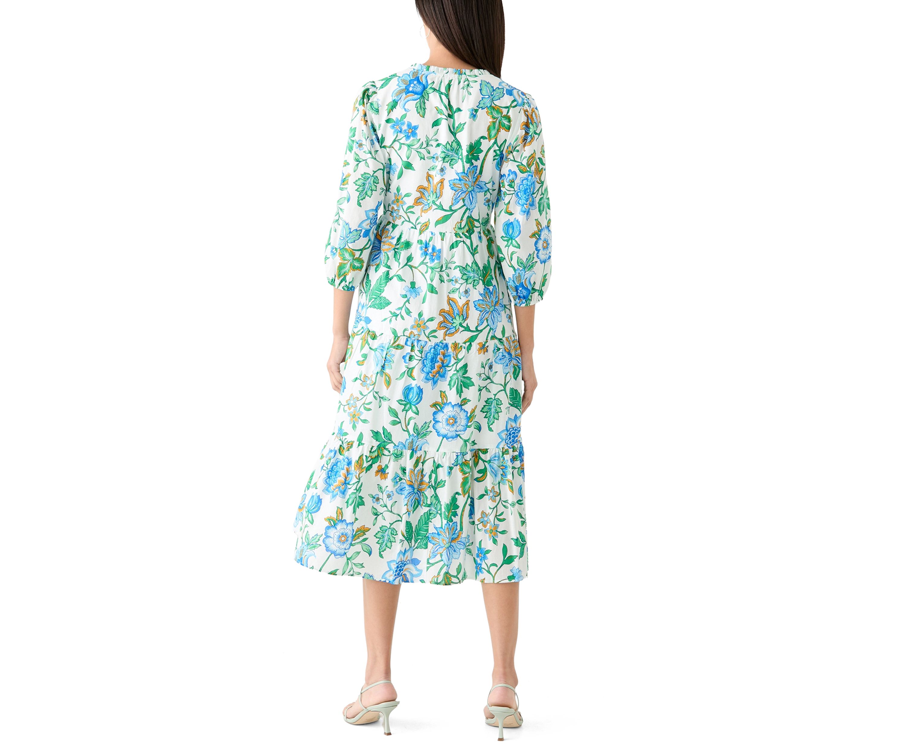 Womens 3/4 Sleeve Tiered Printed Midi Dress