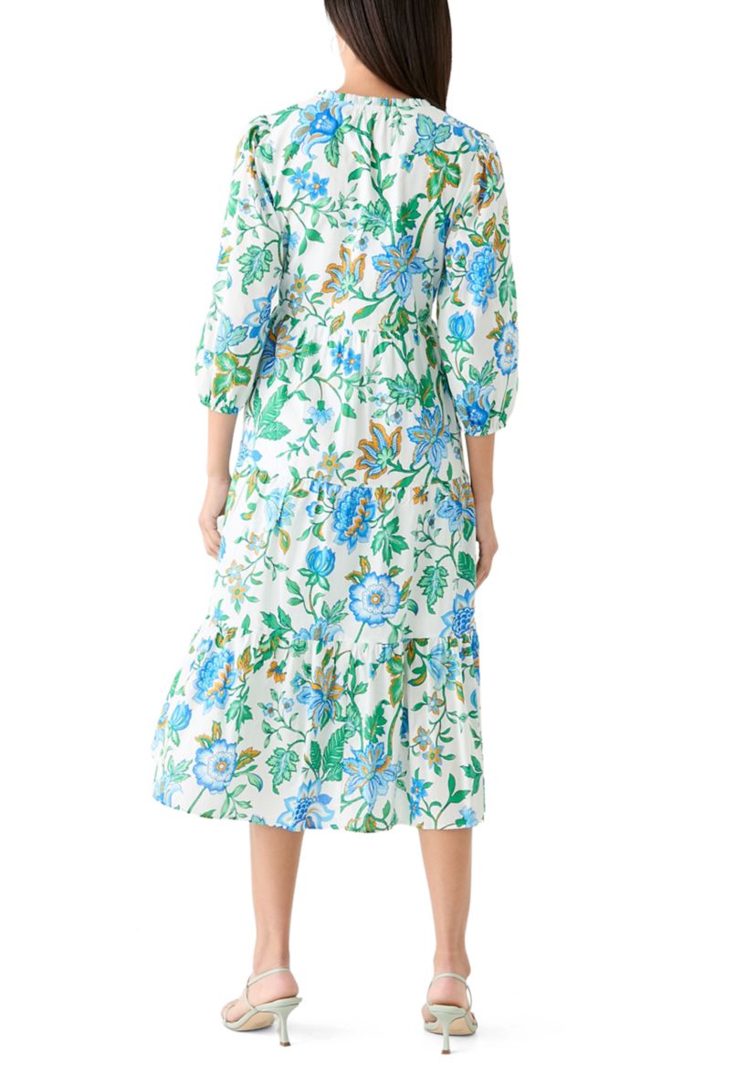 Womens 3/4 Sleeve Tiered Printed Midi Dress