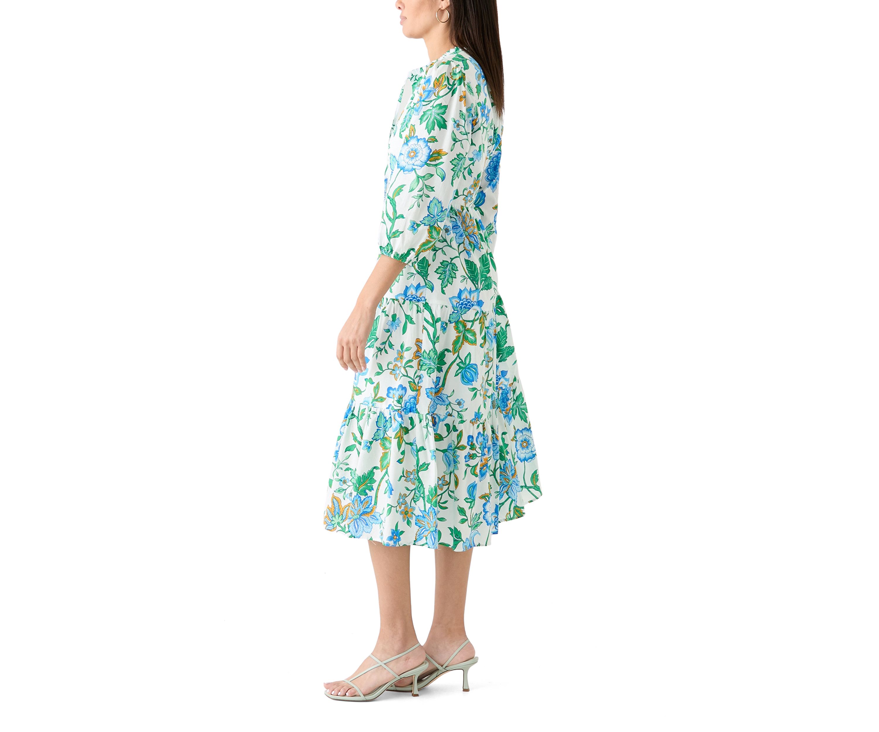 Womens 3/4 Sleeve Tiered Printed Midi Dress