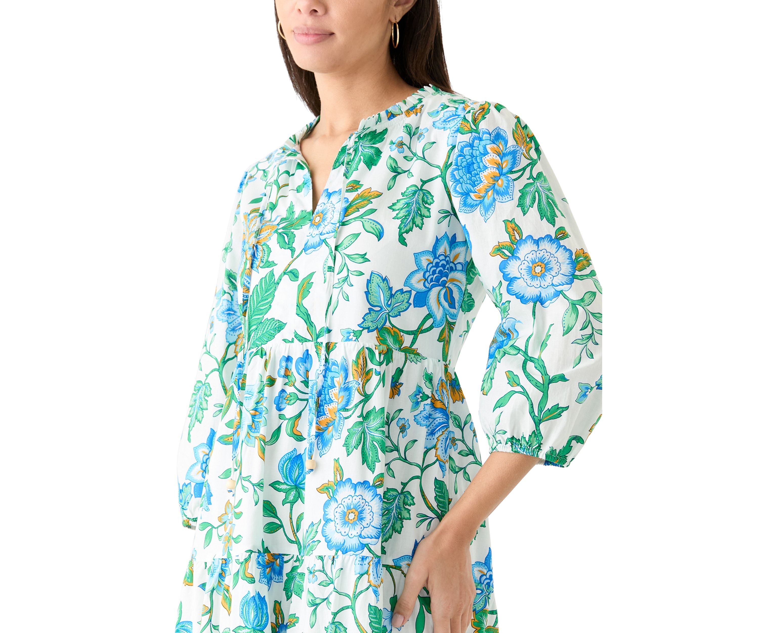 Womens 3/4 Sleeve Tiered Printed Midi Dress