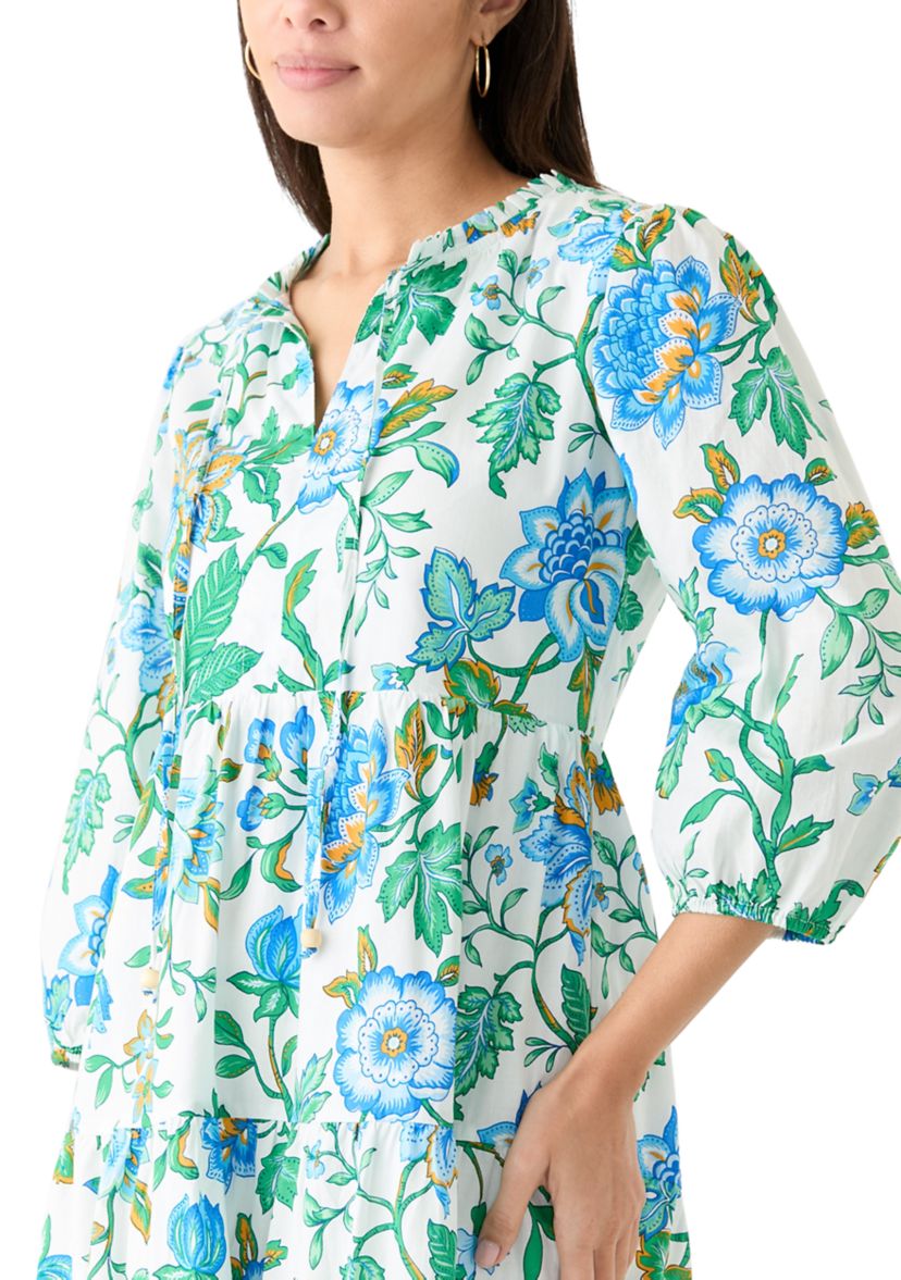 Womens 3/4 Sleeve Tiered Printed Midi Dress