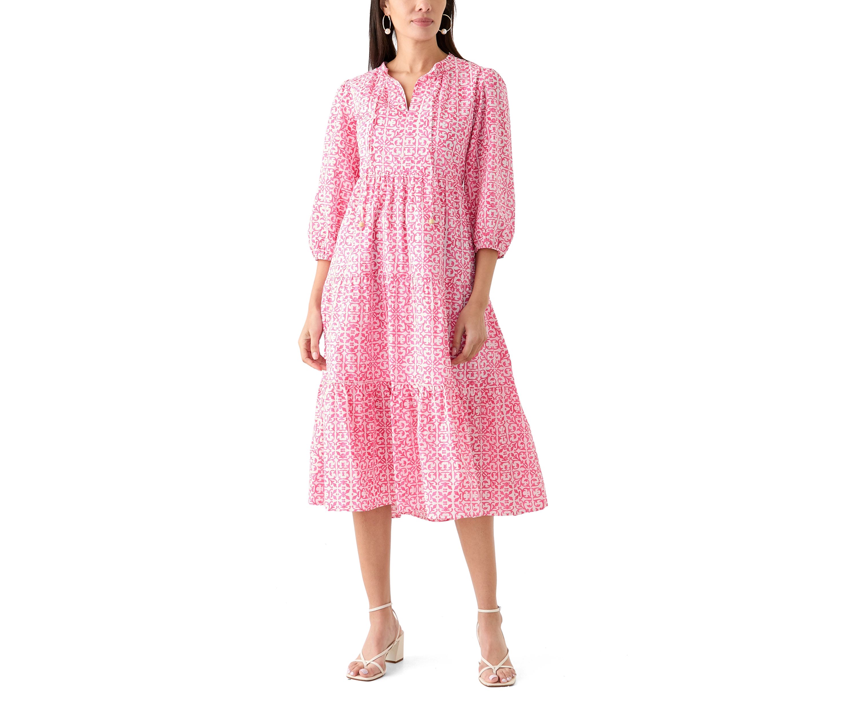 Womens 3/4 Sleeve Tiered Printed Midi Dress
