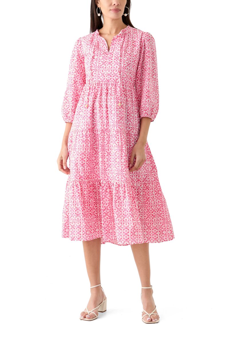 Womens 3/4 Sleeve Tiered Printed Midi Dress