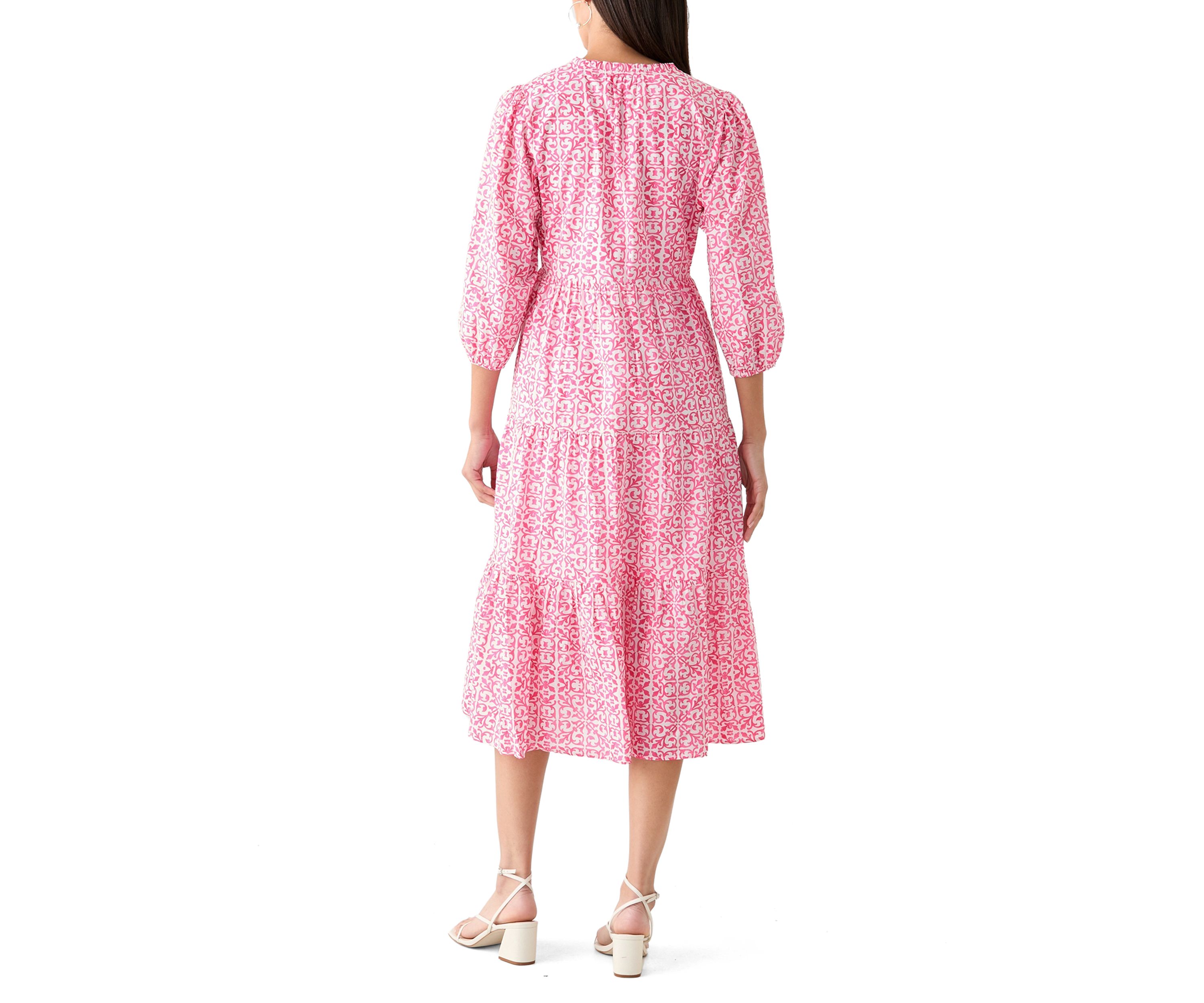 Womens 3/4 Sleeve Tiered Printed Midi Dress