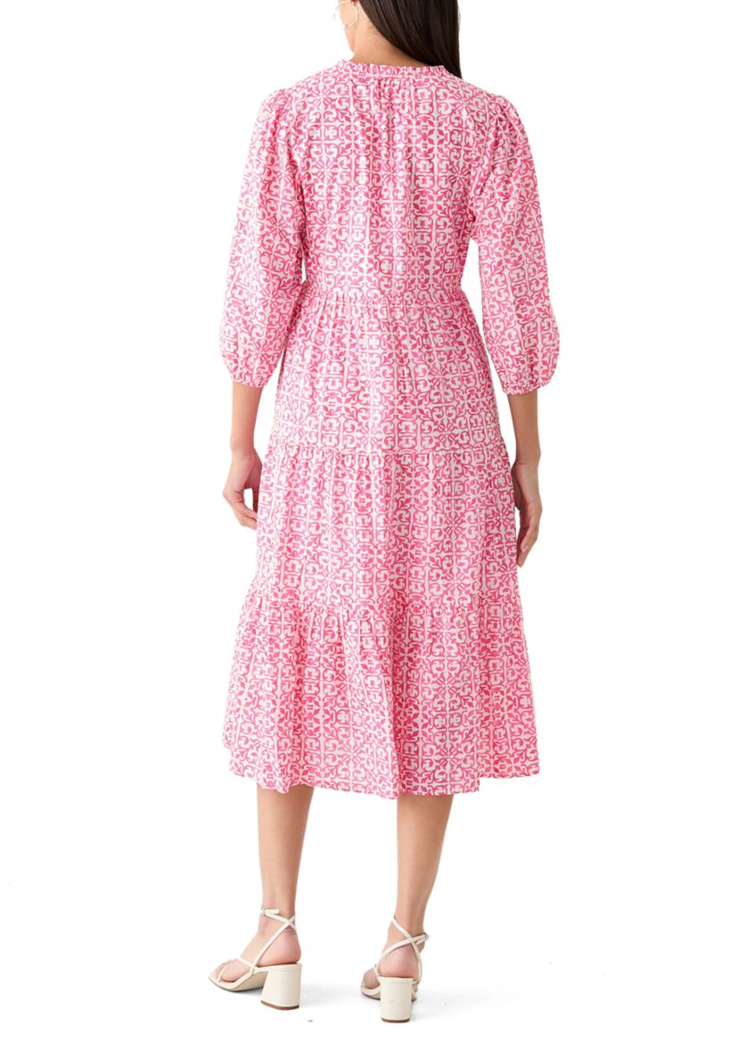 Womens 3/4 Sleeve Tiered Printed Midi Dress