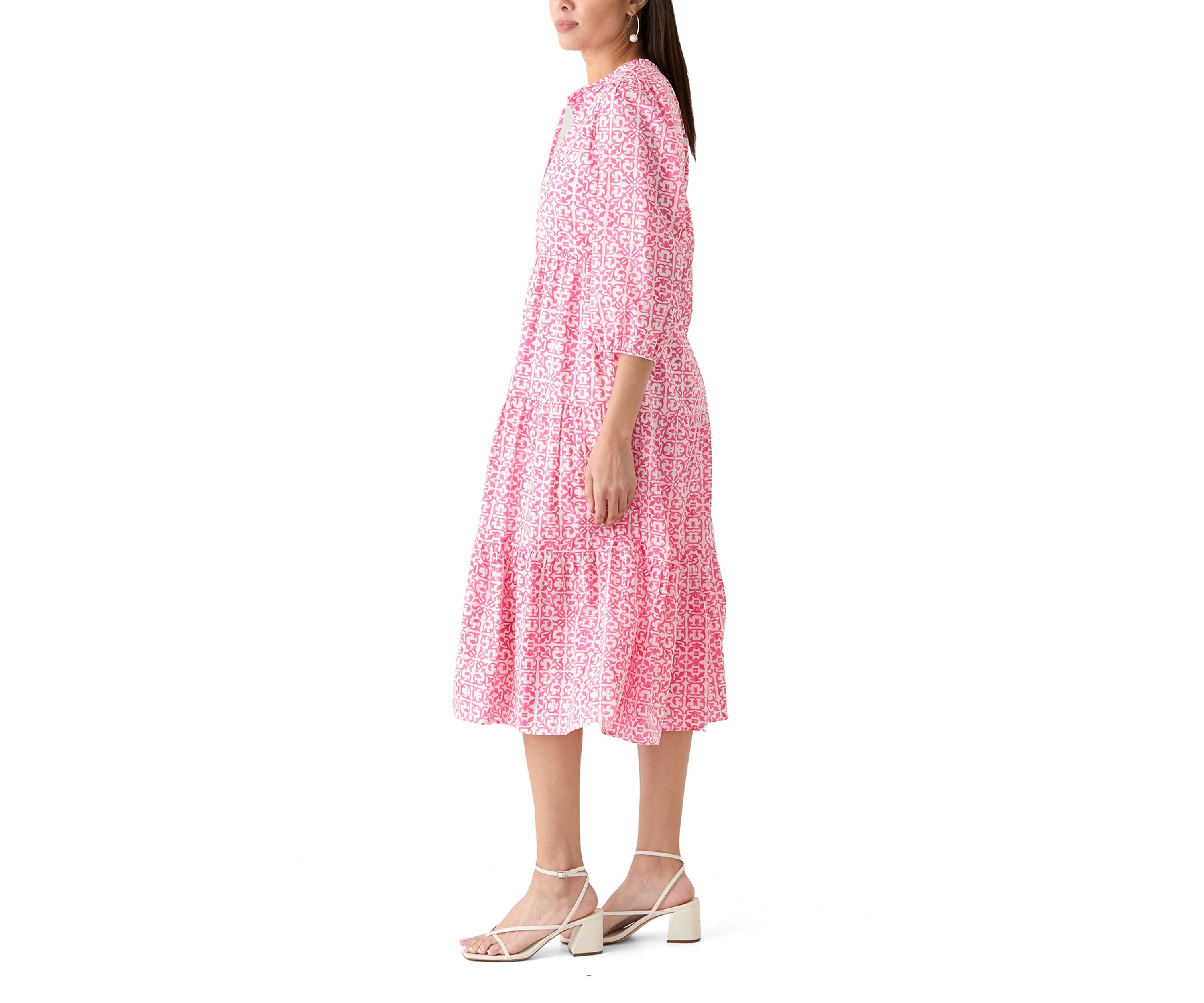 Womens 3/4 Sleeve Tiered Printed Midi Dress