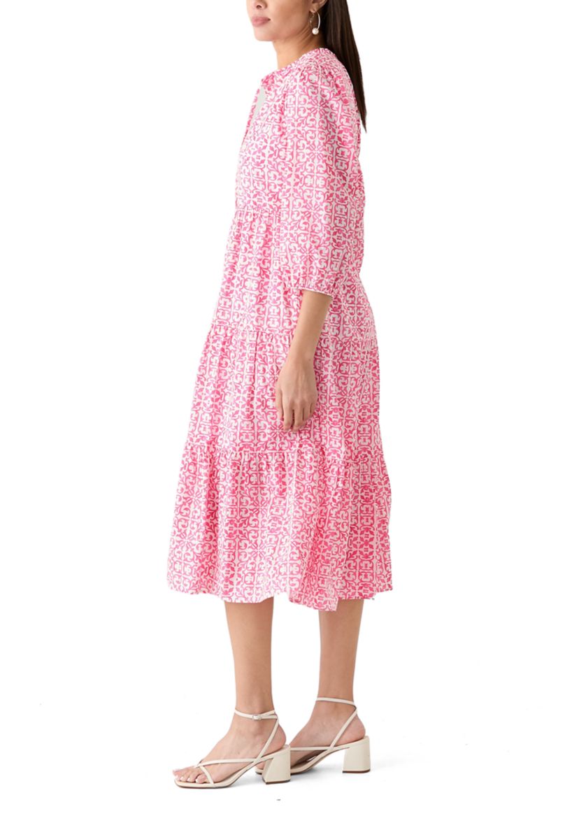 Womens 3/4 Sleeve Tiered Printed Midi Dress