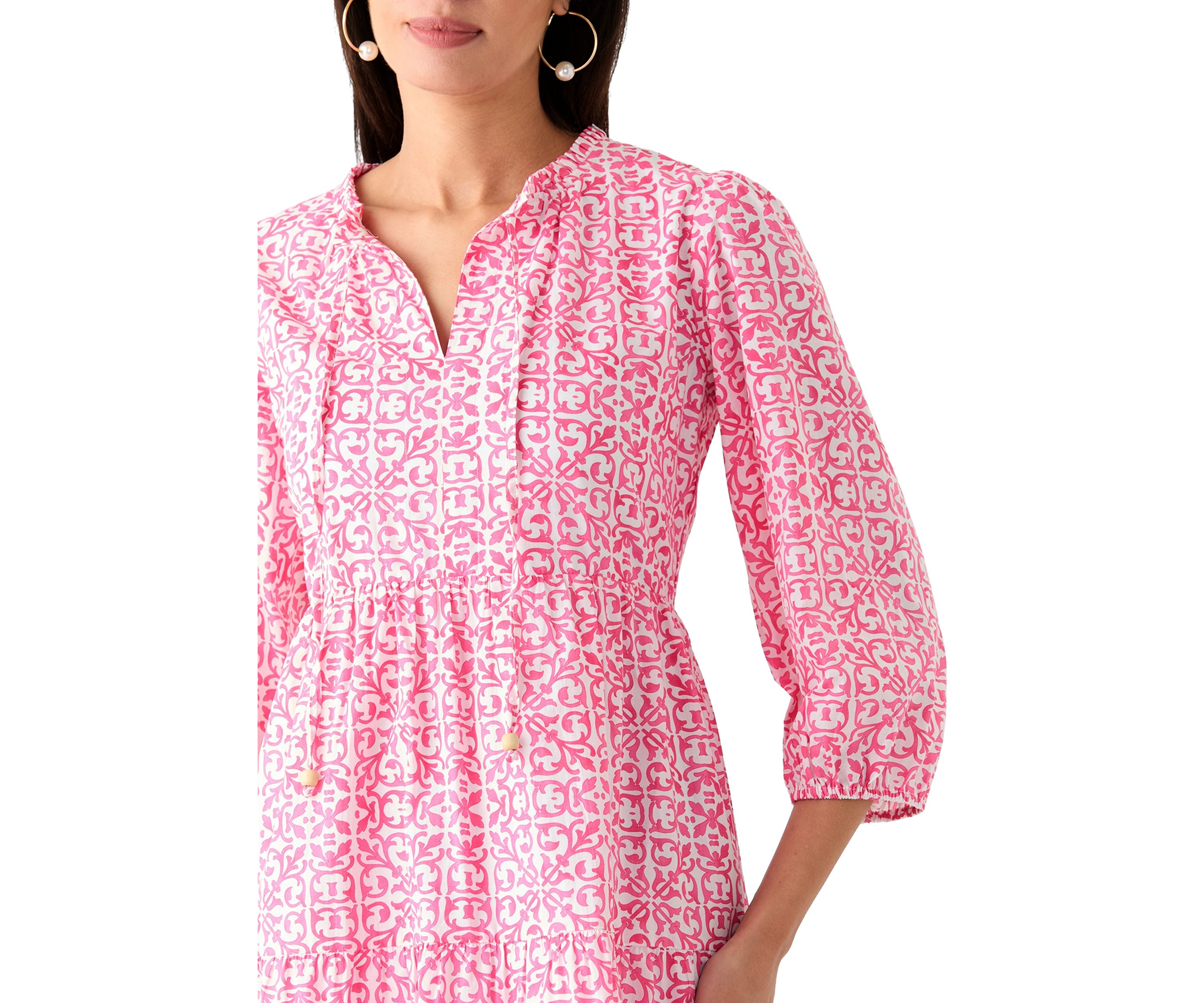Womens 3/4 Sleeve Tiered Printed Midi Dress