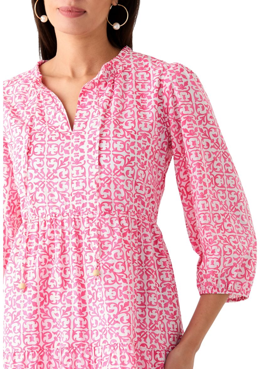Womens 3/4 Sleeve Tiered Printed Midi Dress