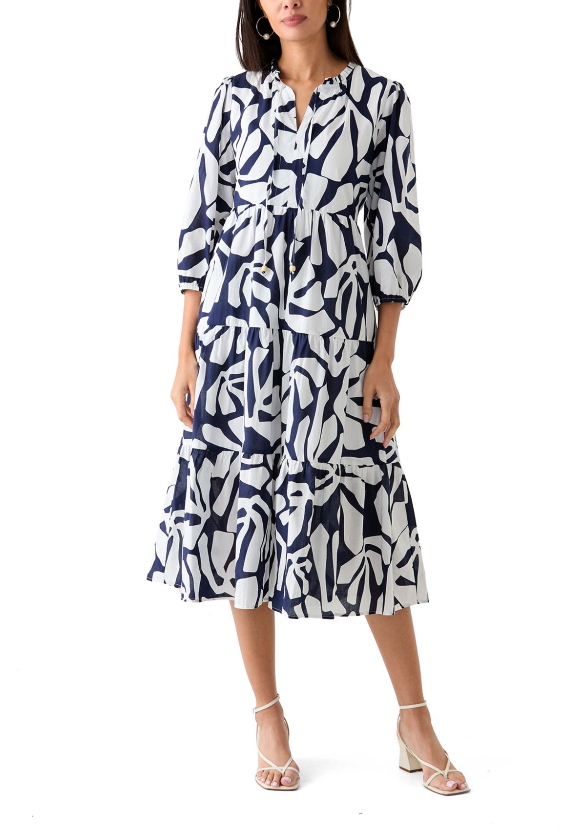   Womens 3/4 Sleeve Tiered Printed Midi Dress 