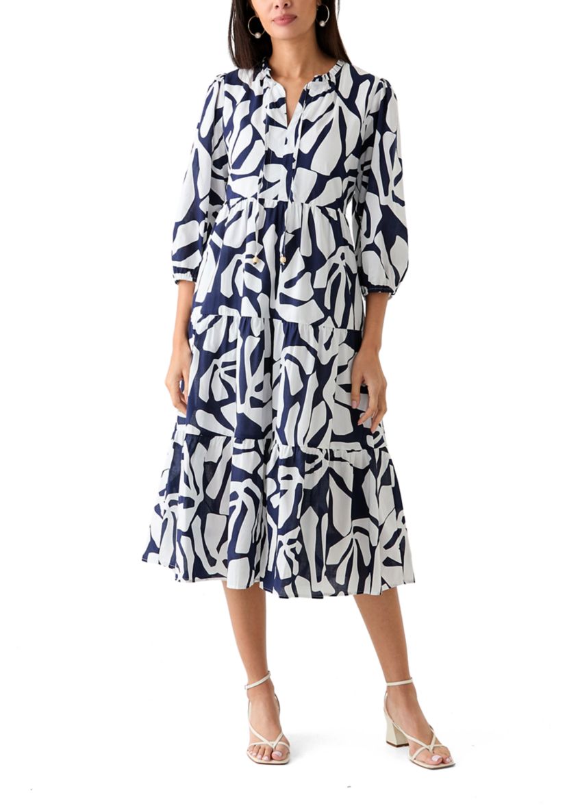   Womens 3/4 Sleeve Tiered Printed Midi Dress 