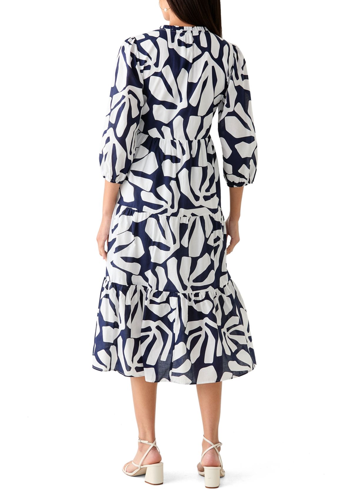   Womens 3/4 Sleeve Tiered Printed Midi Dress 