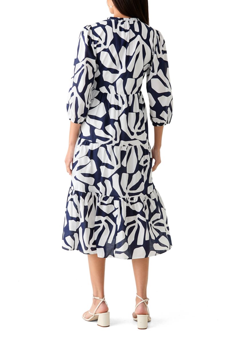   Womens 3/4 Sleeve Tiered Printed Midi Dress 