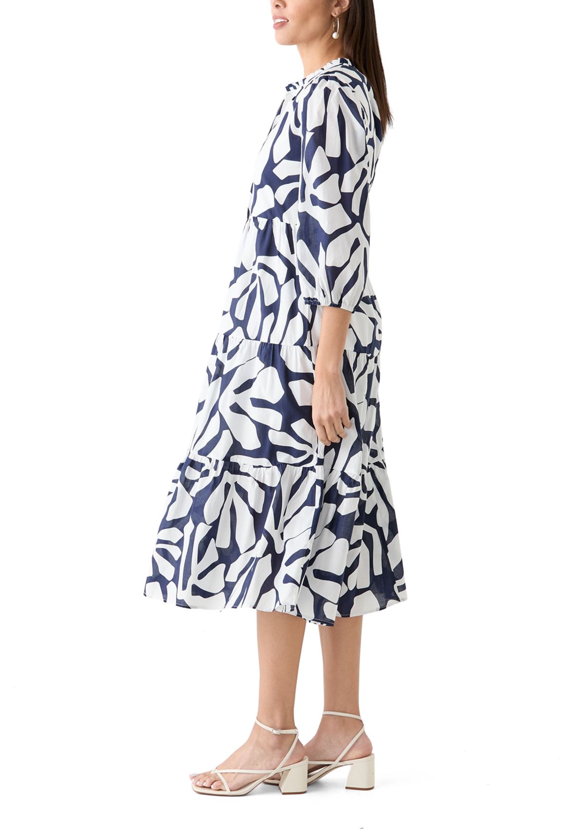   Womens 3/4 Sleeve Tiered Printed Midi Dress 