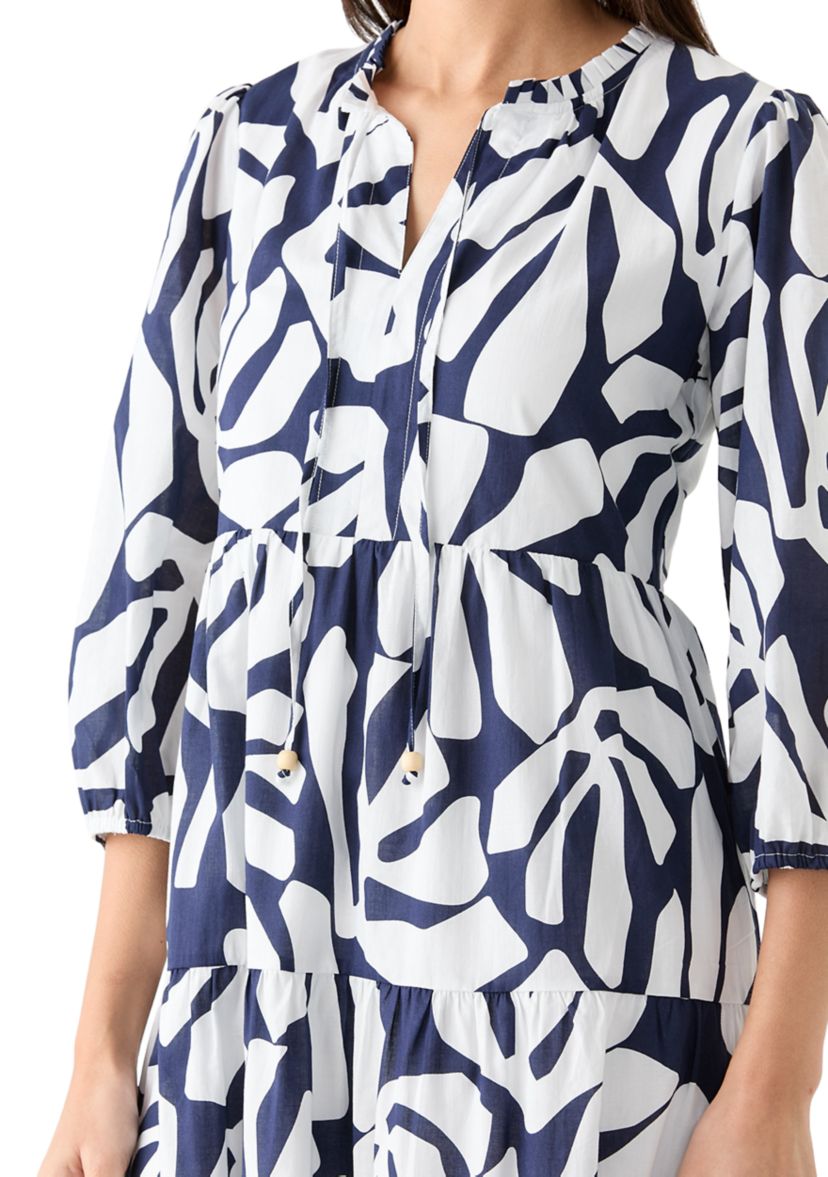   Womens 3/4 Sleeve Tiered Printed Midi Dress 