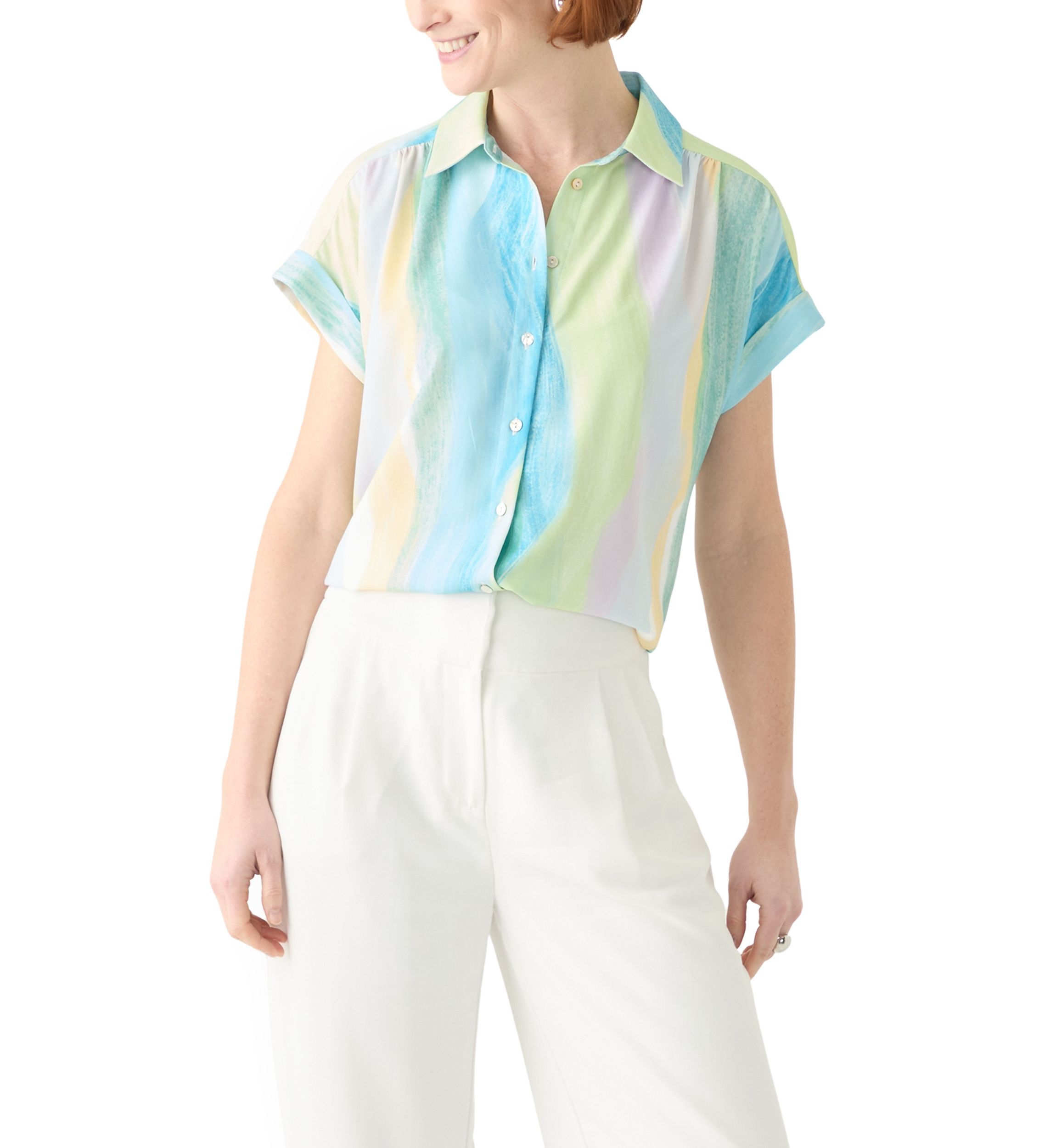 Womens Printed Short Sleeve Button Front Shirt
