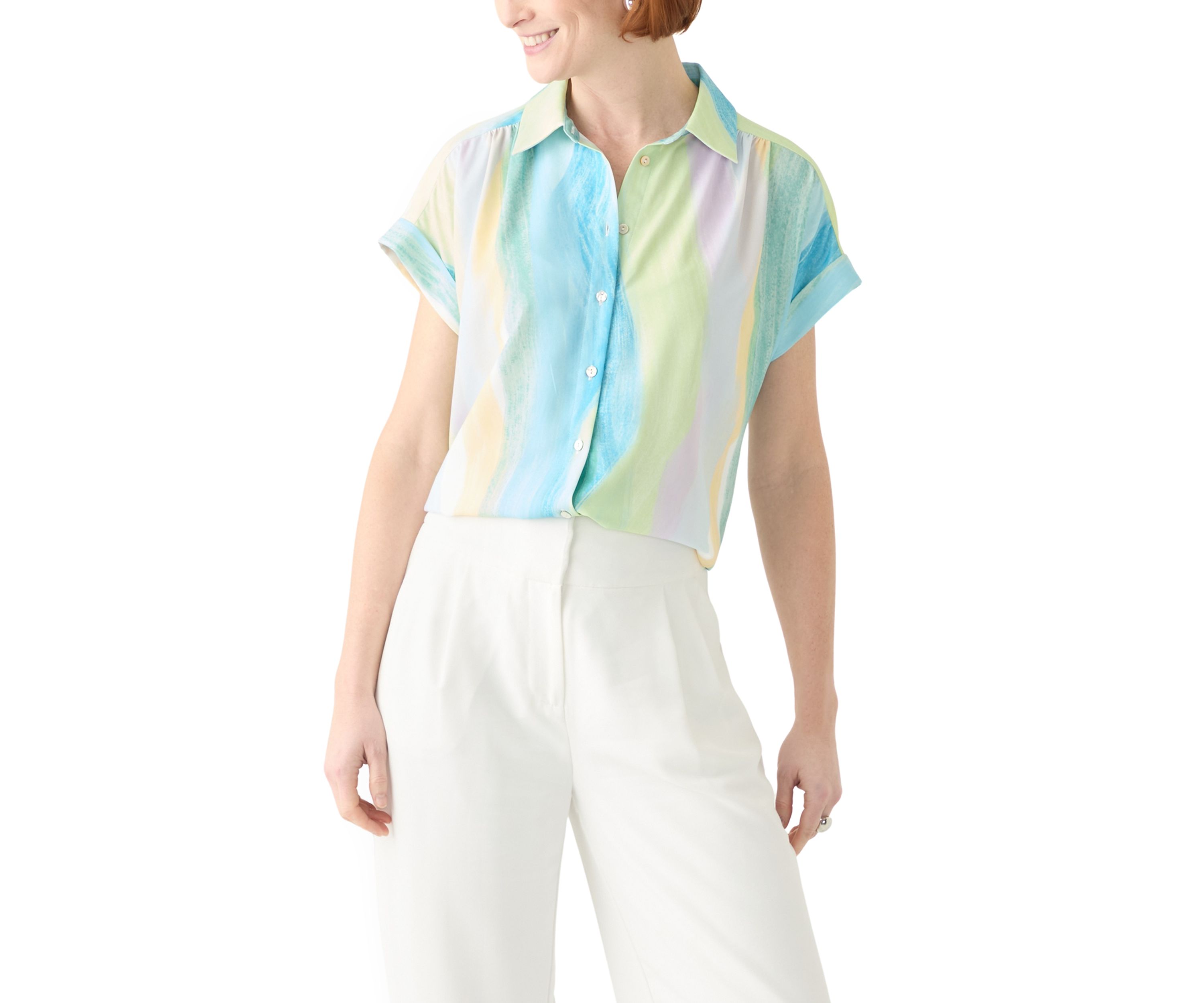 Womens Printed Short Sleeve Button Front Shirt