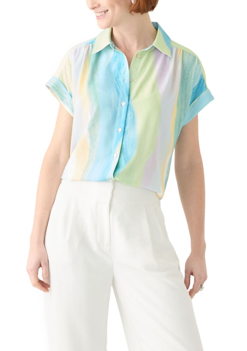 Womens Printed Short Sleeve Button Front Shirt
